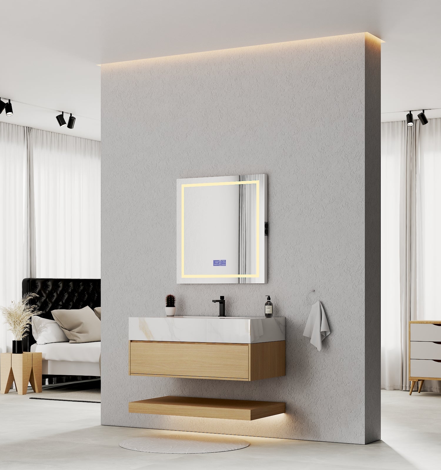 32", 36", 40" Nature Oak Hotel-Style Floating Bathroom Vanity With Sintered Stone Top