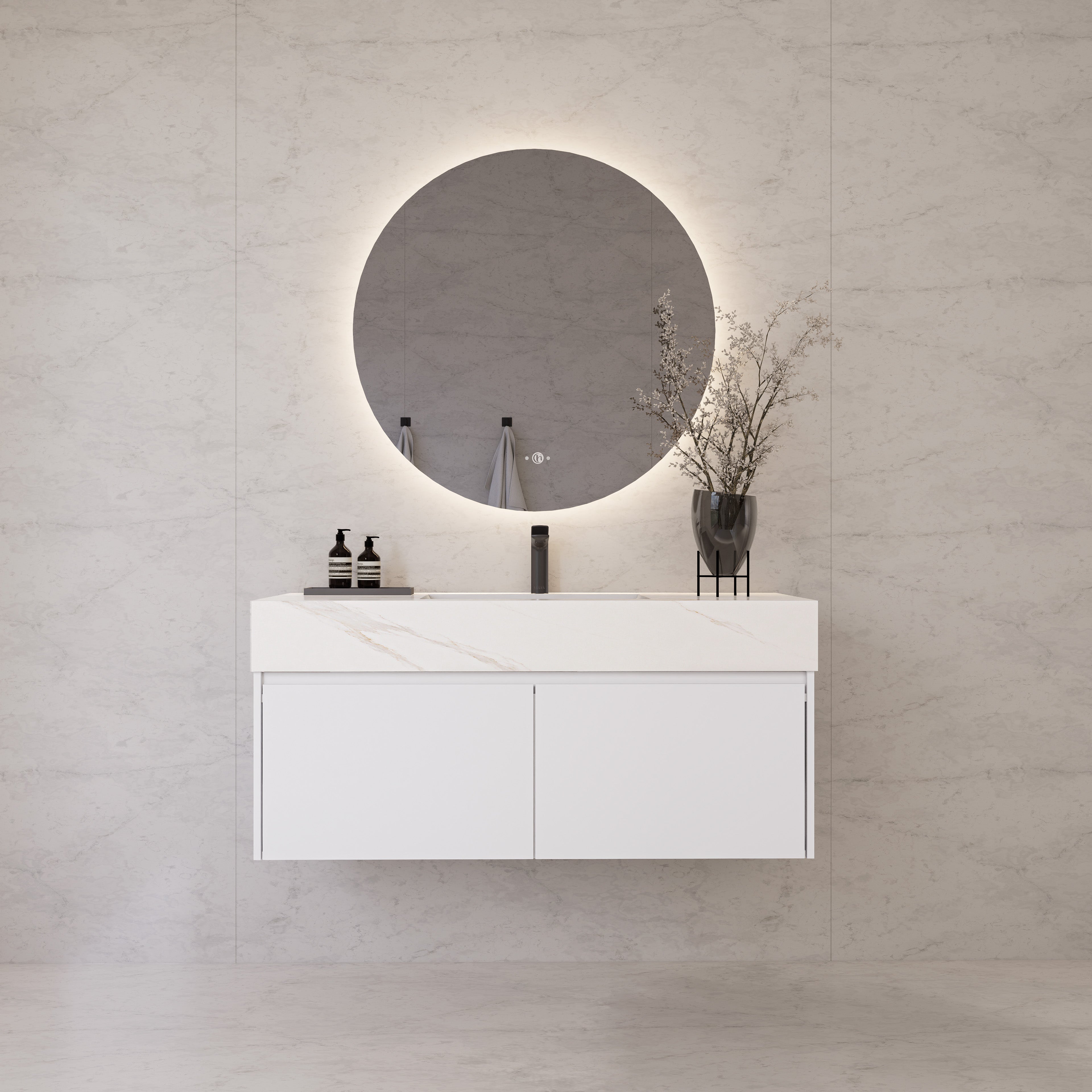 48" White Sintered Stone Top with Double Drawer Floating Bathroom Vanity