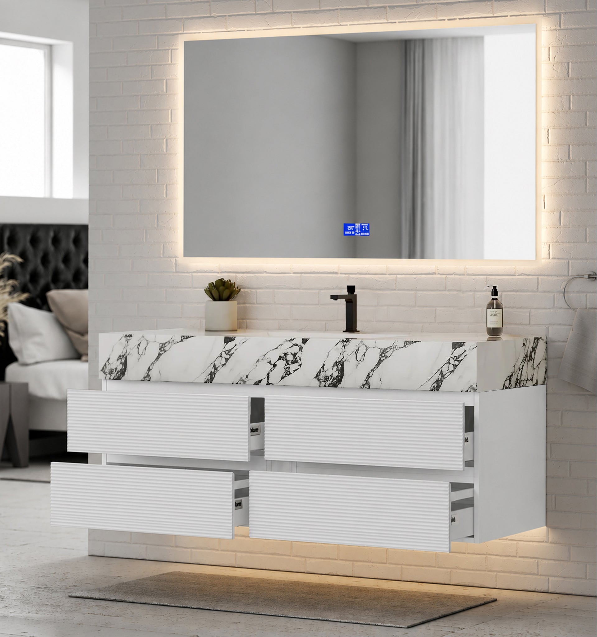 60” White Modern Floating Bathroom Vanity 4 Drawers– Single Basin