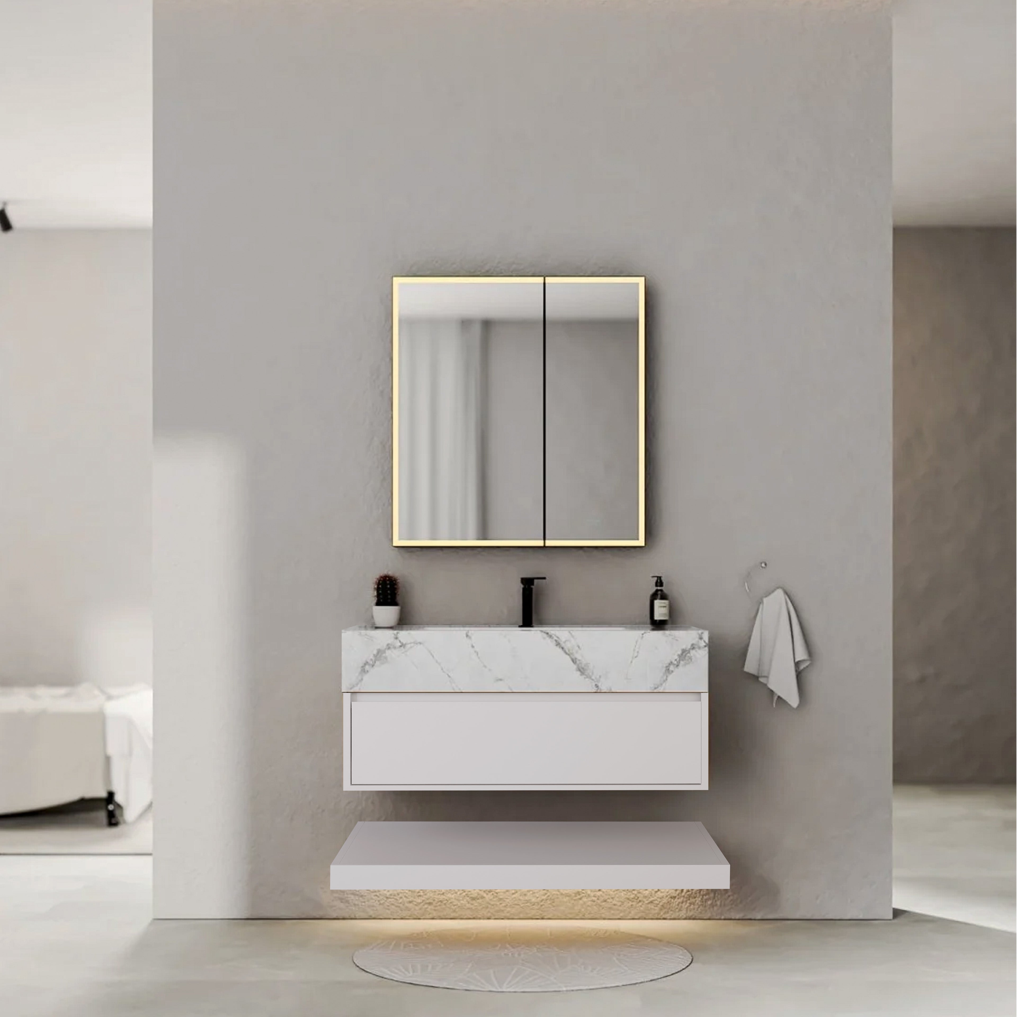 32" White Sintered Stone Top with Hotel-Style Floating Bathroom Vanity
