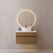 Floating Vessel Sink Vanity — Natural Oak Cabinet with Sintered Stone Top, Door & Drawer