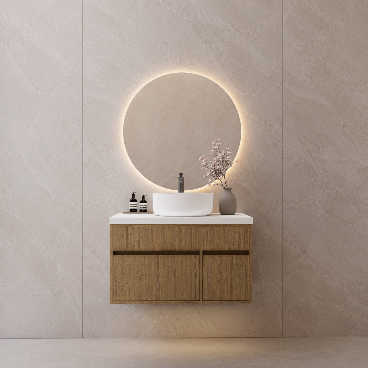Floating Vessel Sink Vanity — Natural Oak Cabinet with Sintered Stone Top, Door & Drawer