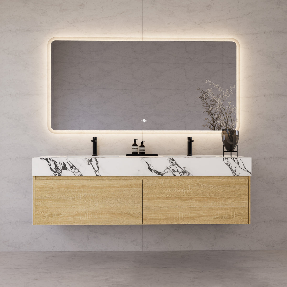 Tocador de baño flotante individual con cubierta de piedra de 60" / 71" de doble lavabo