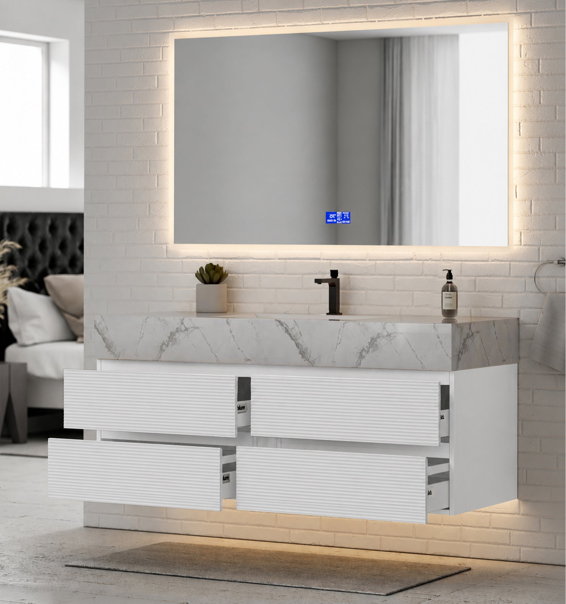 60” White Modern Floating Bathroom Vanity 4 Drawers– Single Basin