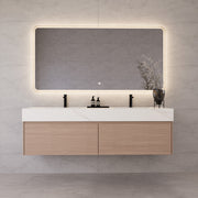 Meuble-lavabo suspendu double de 60 po / 71 po en chêne fumé avec dessus en pierre