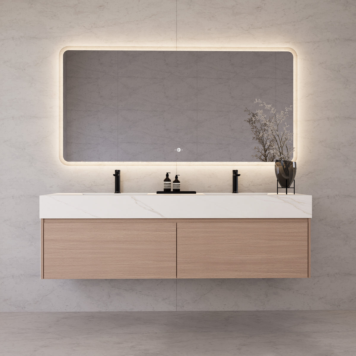 Meuble-lavabo suspendu double de 60 po / 71 po en chêne fumé avec dessus en pierre