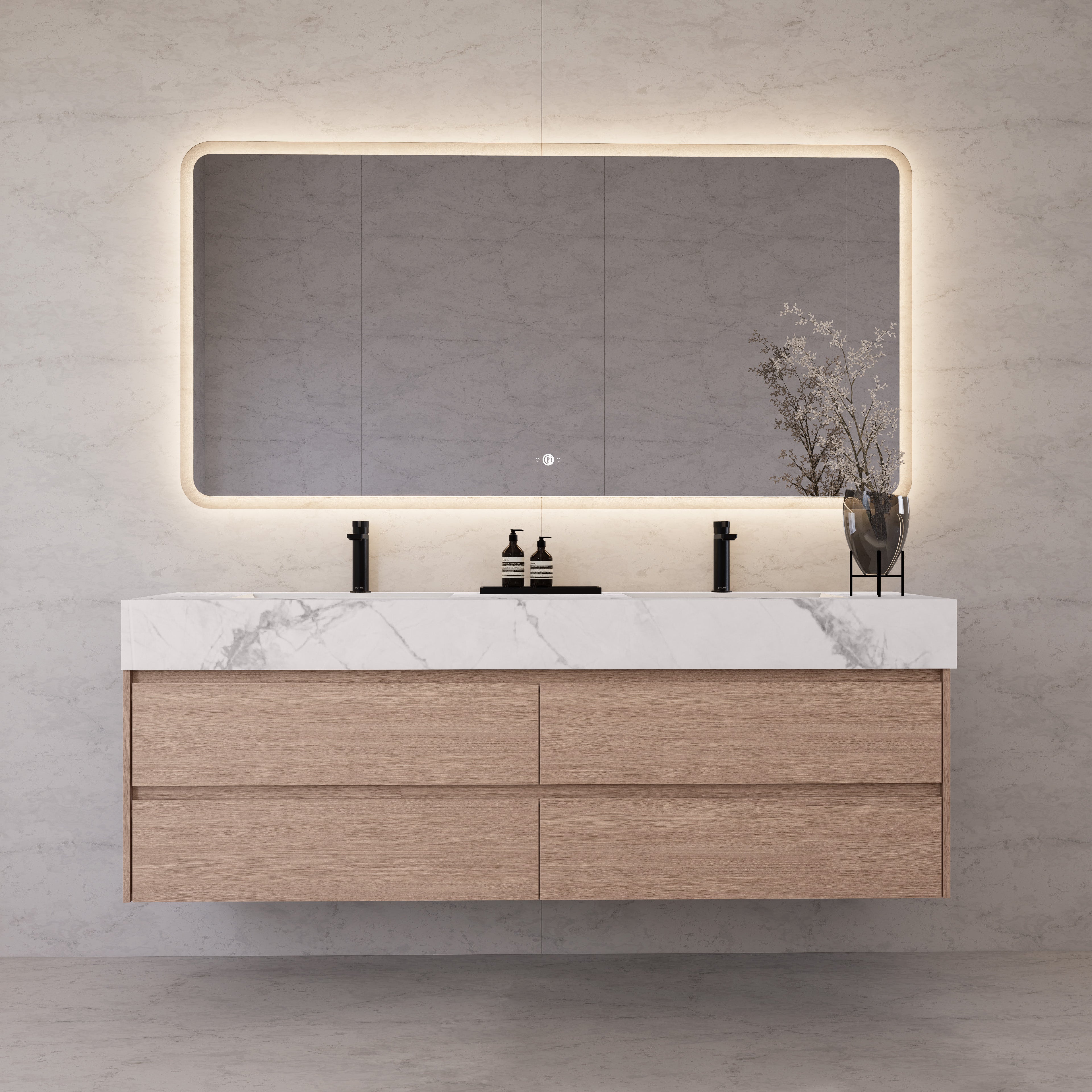 71"，60" Smoked Oak Double Sink Sintered Stone Top with Floating Bathroom Vanity