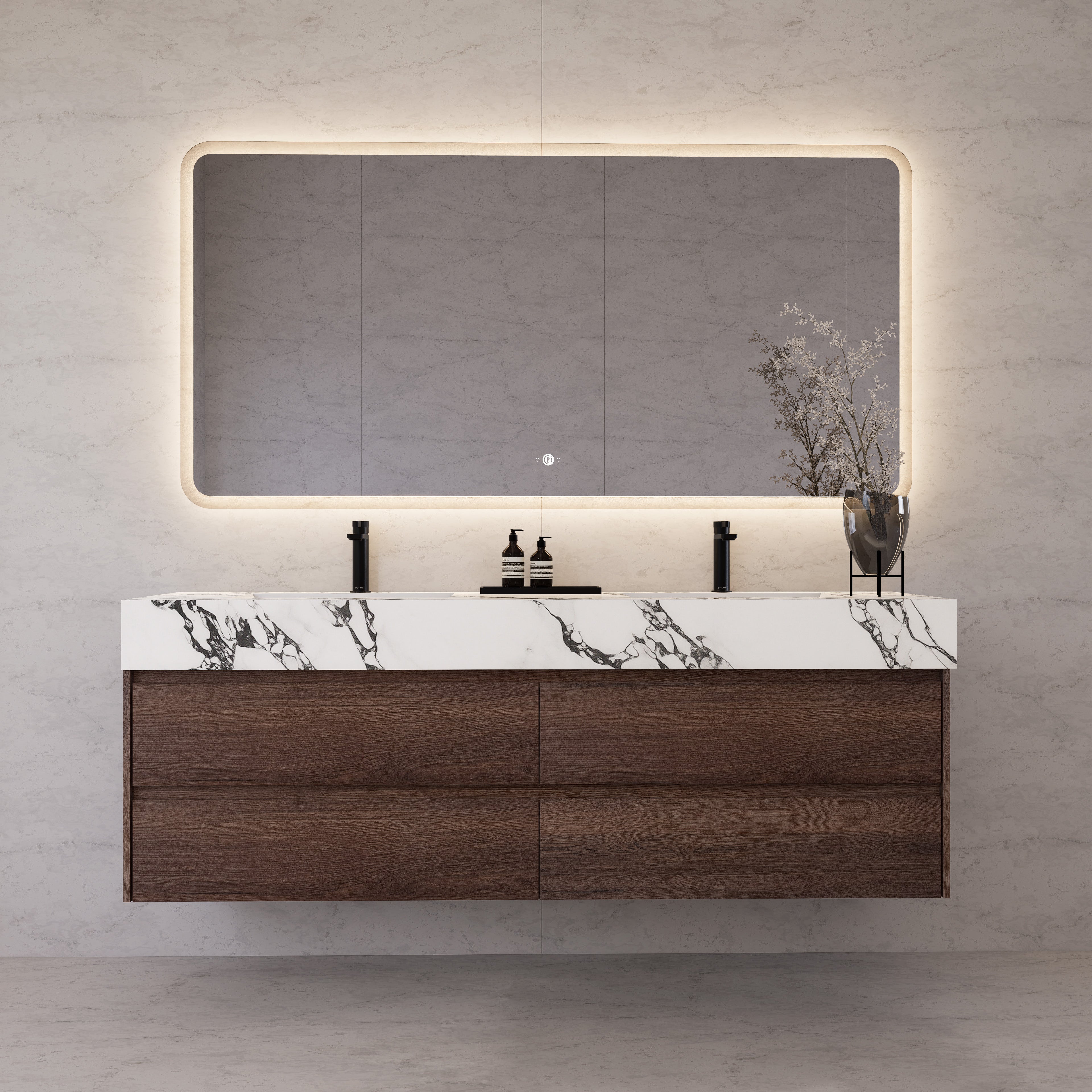 71"，60" Walnut Double Sink Sintered Stone Top with Elegant Floating Bathroom Vanity