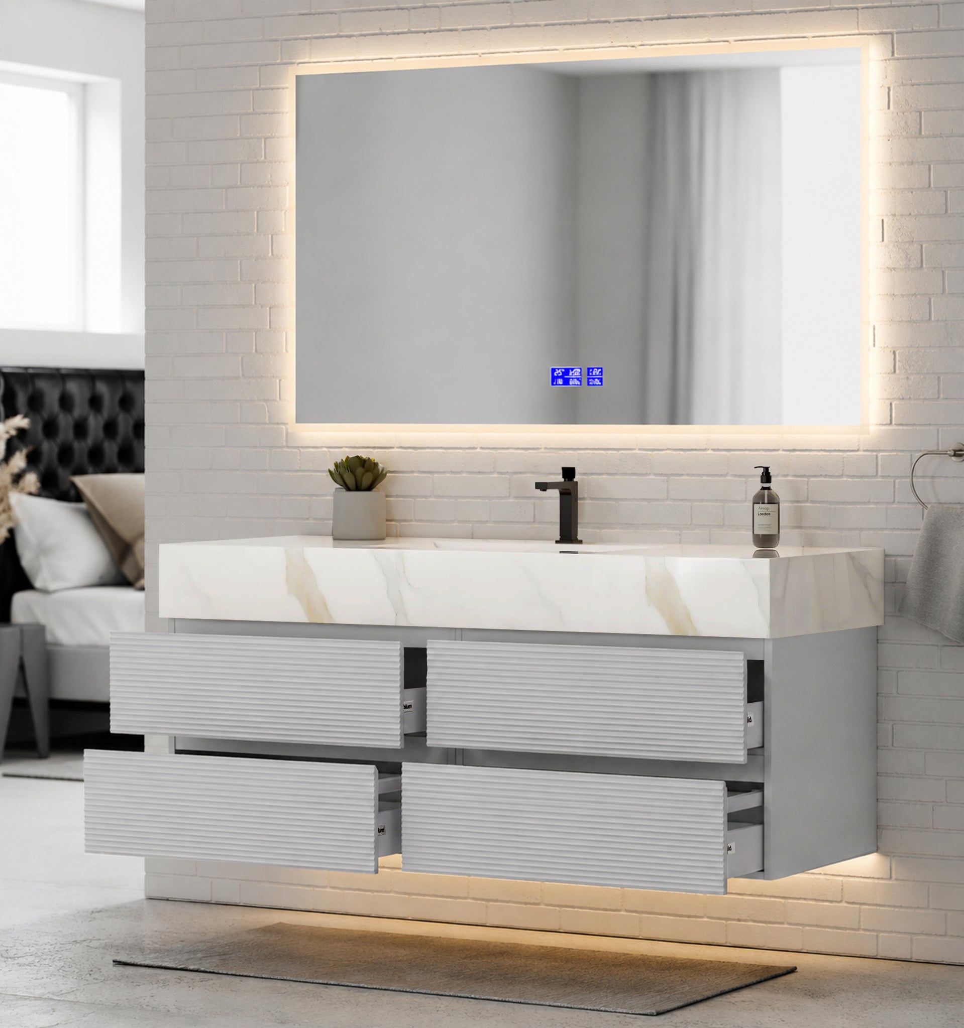60” Light Grey Modern Floating Bathroom Vanity 4 Drawers– Single Basin
