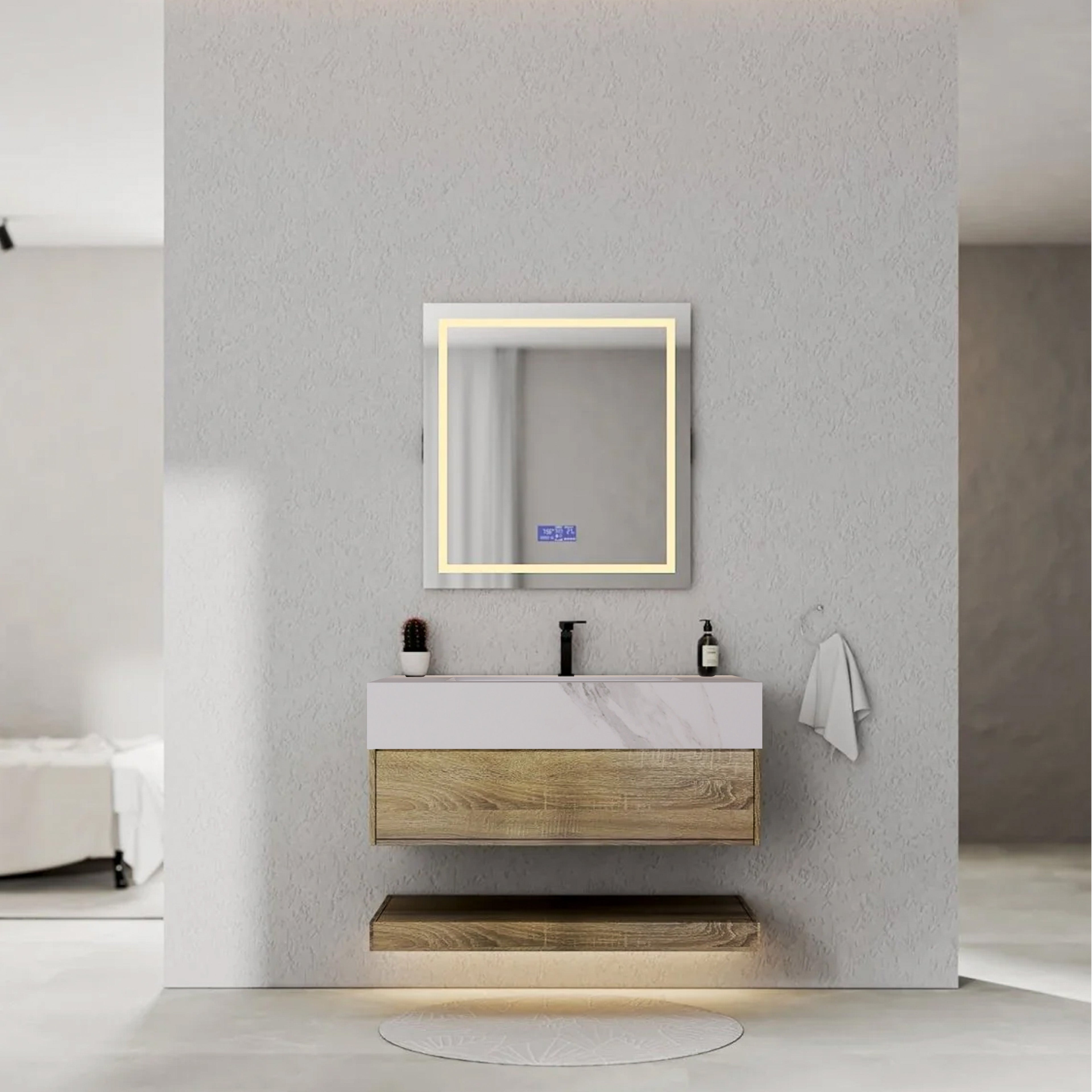 32", 36", 40" Light Oak Hotel-Style Floating Bathroom Vanity With Sintered Stone Top