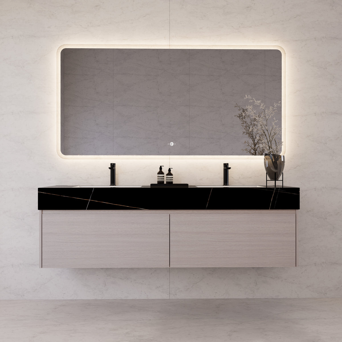Tocador de baño flotante individual con cubierta de piedra de 60" / 71" de doble lavabo