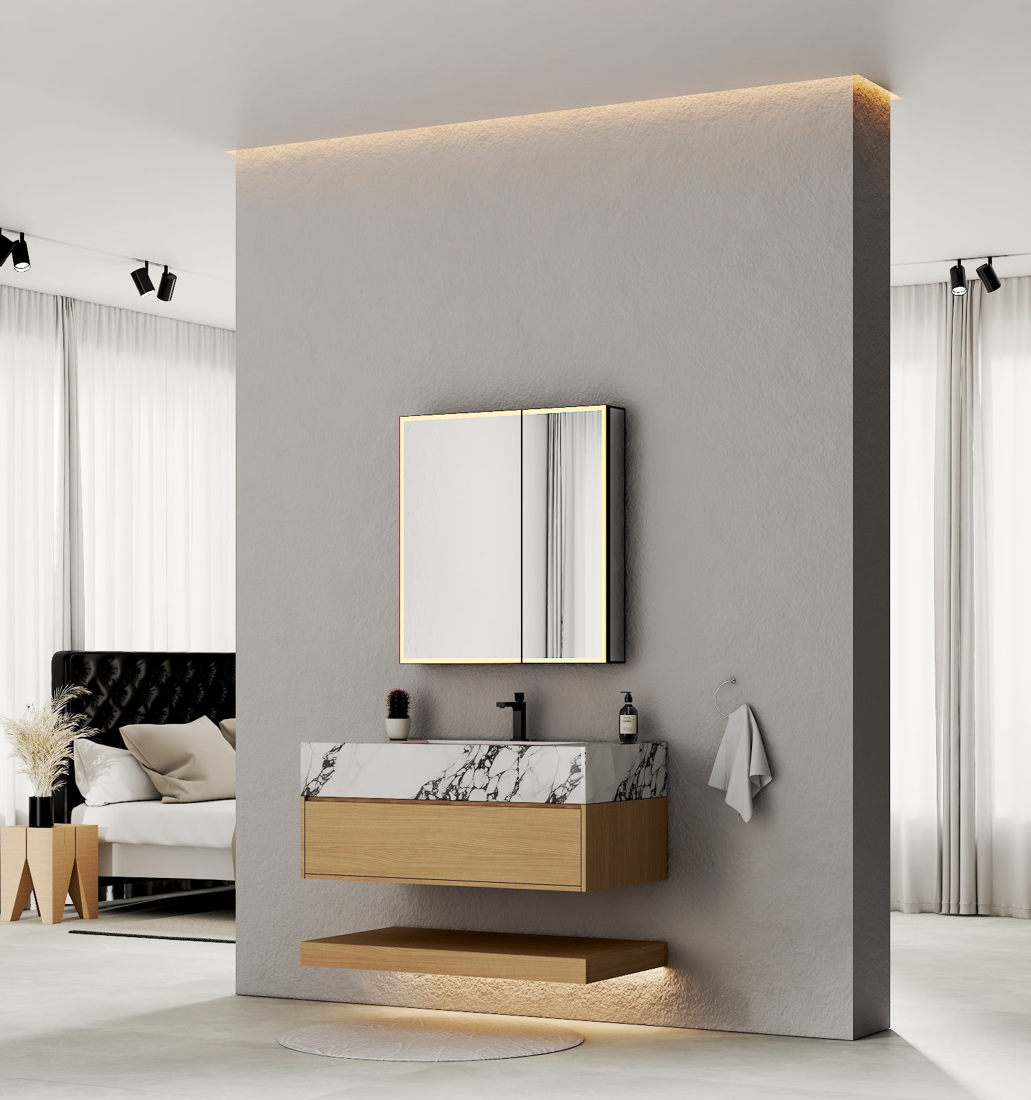 32", 36", 40" Nature Oak Hotel-Style Floating Bathroom Vanity With Sintered Stone Top