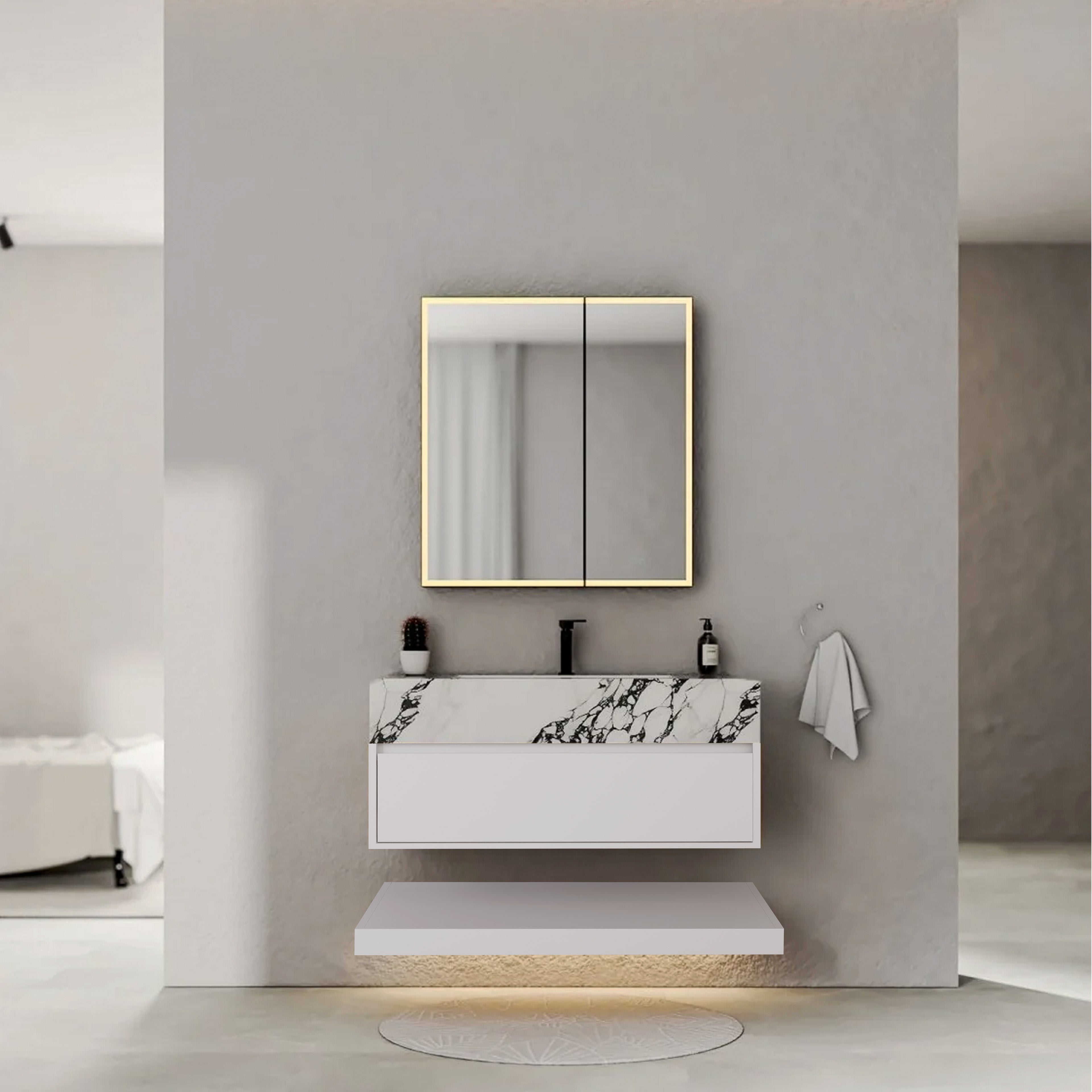 32" White Sintered Stone Top with Hotel-Style Floating Bathroom Vanity