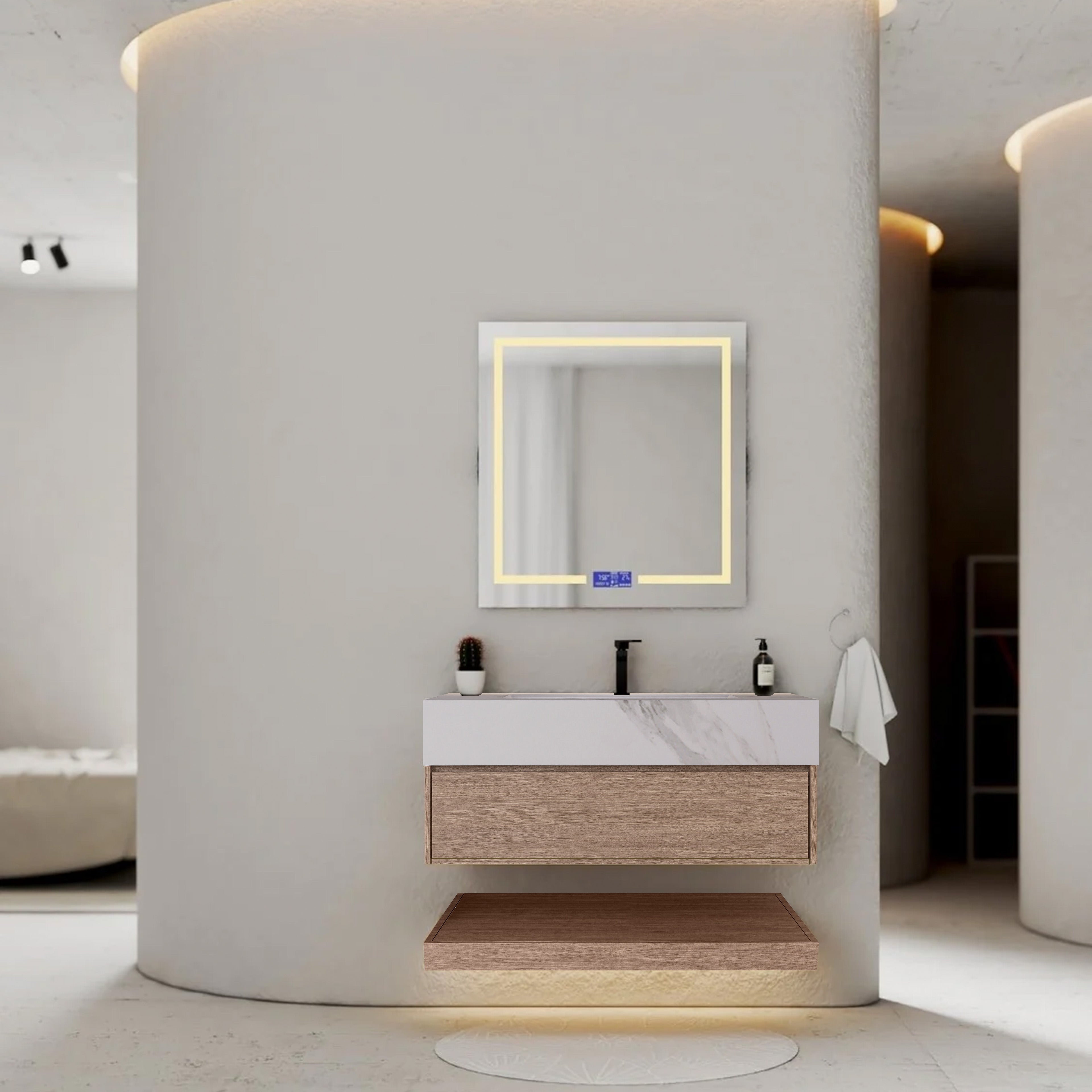 32", 36", 40" Smoked Oak Hotel-Style Floating Bathroom Vanity With Sintered Stone Top