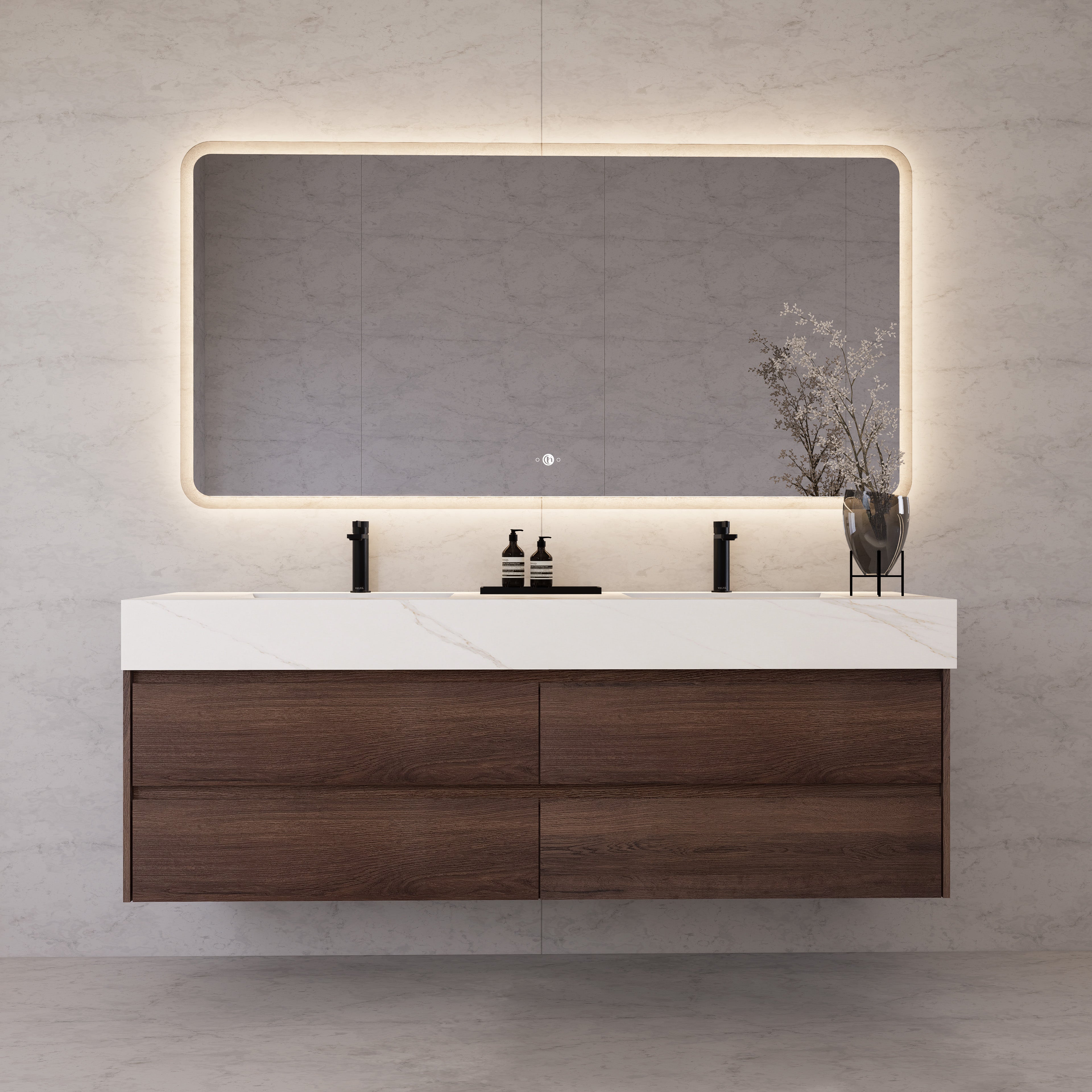 71"，60" Walnut Double Sink Sintered Stone Top with Elegant Floating Bathroom Vanity