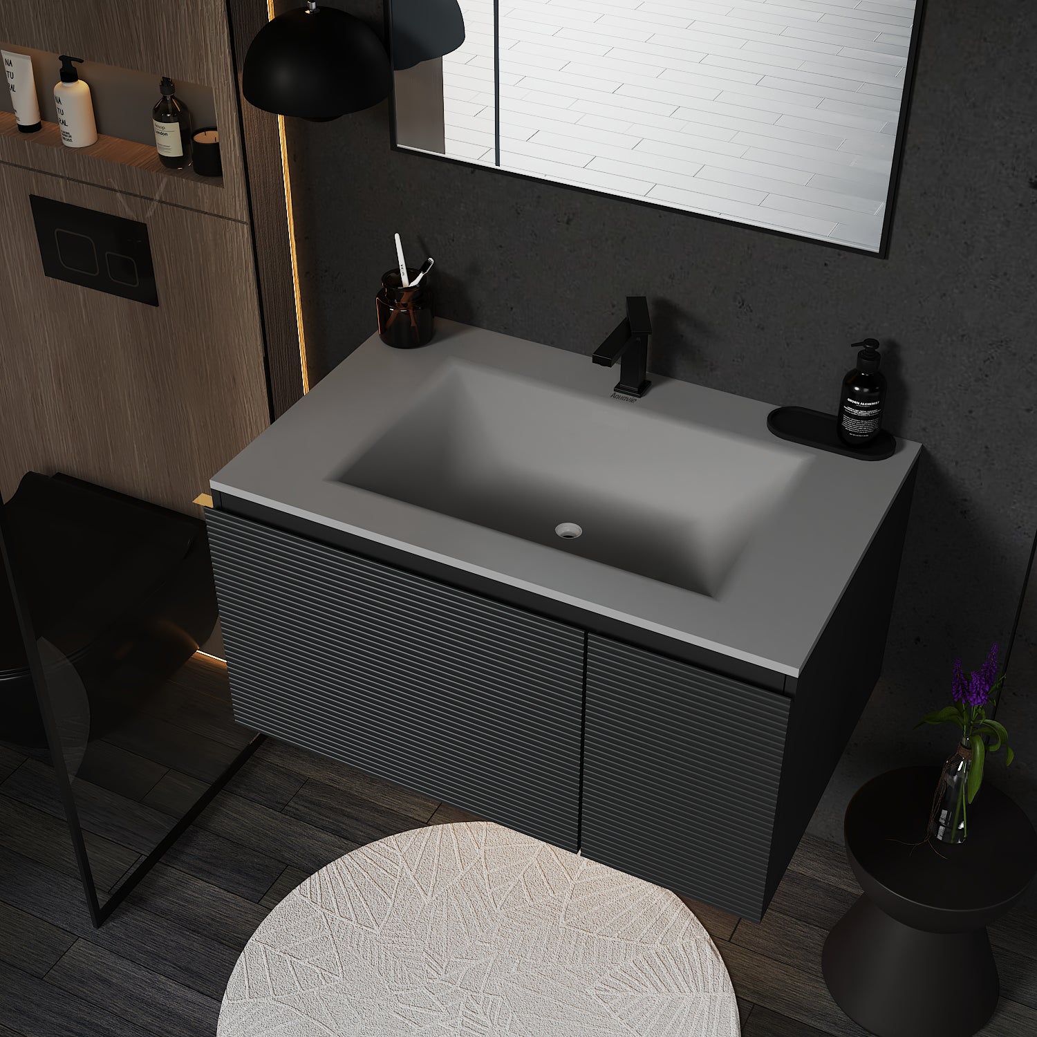 Dark Grey Floating Vanity – Seamless Stone Sink, Fluted Front, 32"/36"/40"