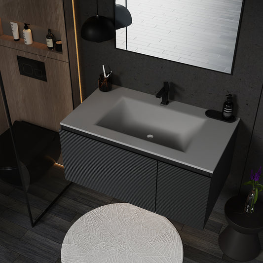 Dark Grey Floating Vanity – Seamless Stone Sink, Fluted Front, 32"/36"/40"