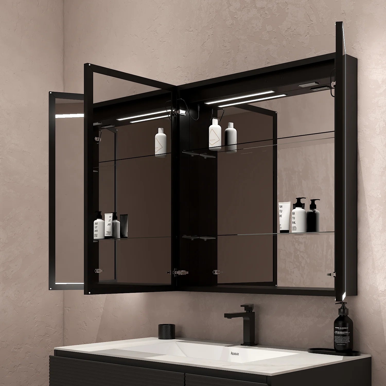 48'' LED Mirror Cabinet with Anti-Fog, Dimmable & Outlet – Blum Hinge，Recessed/Surface Mount