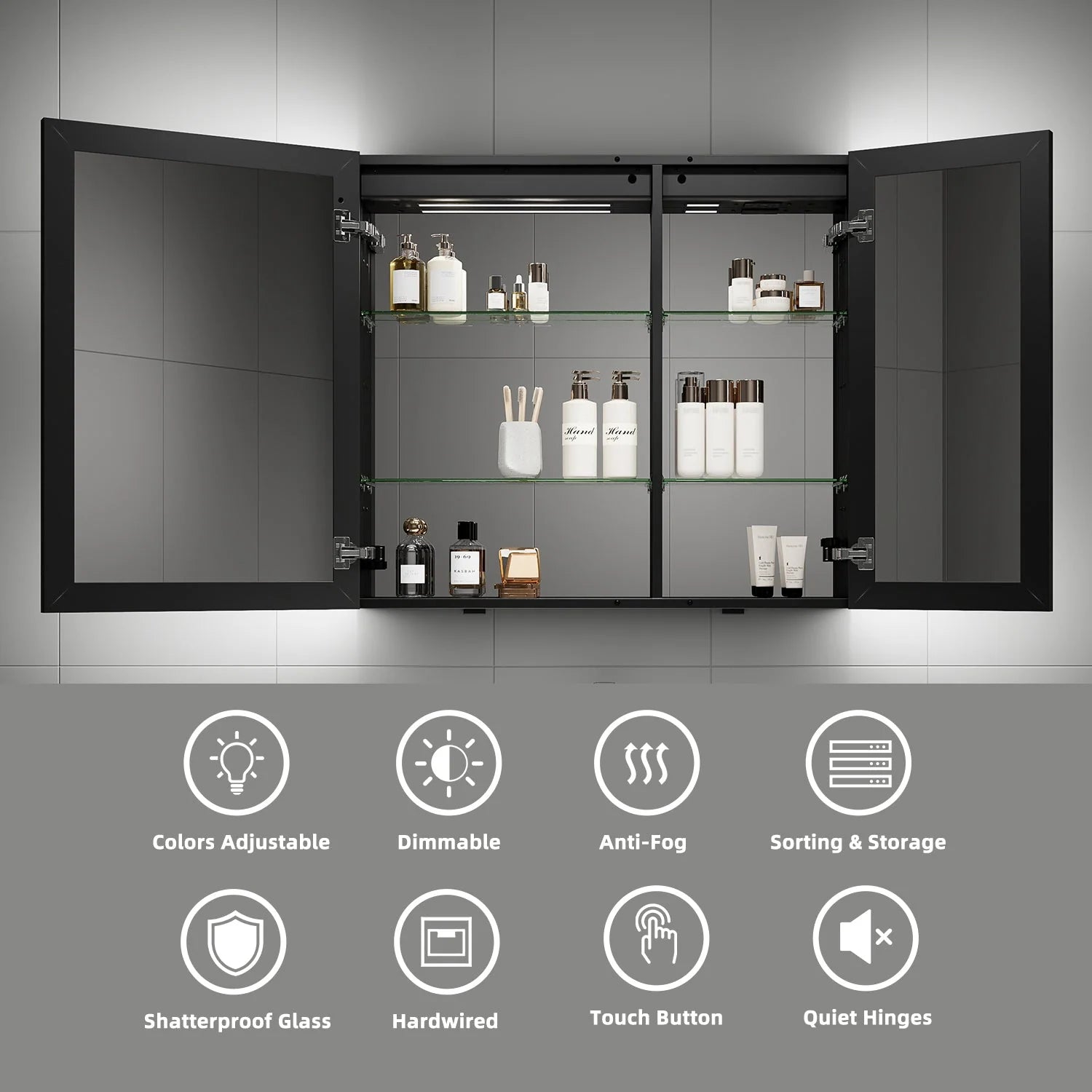 36"x32" Bathroom LED Mirror Cabinet – Dimmable Light, Anti-Fog, Recessed or Surface Mount 36"x32"