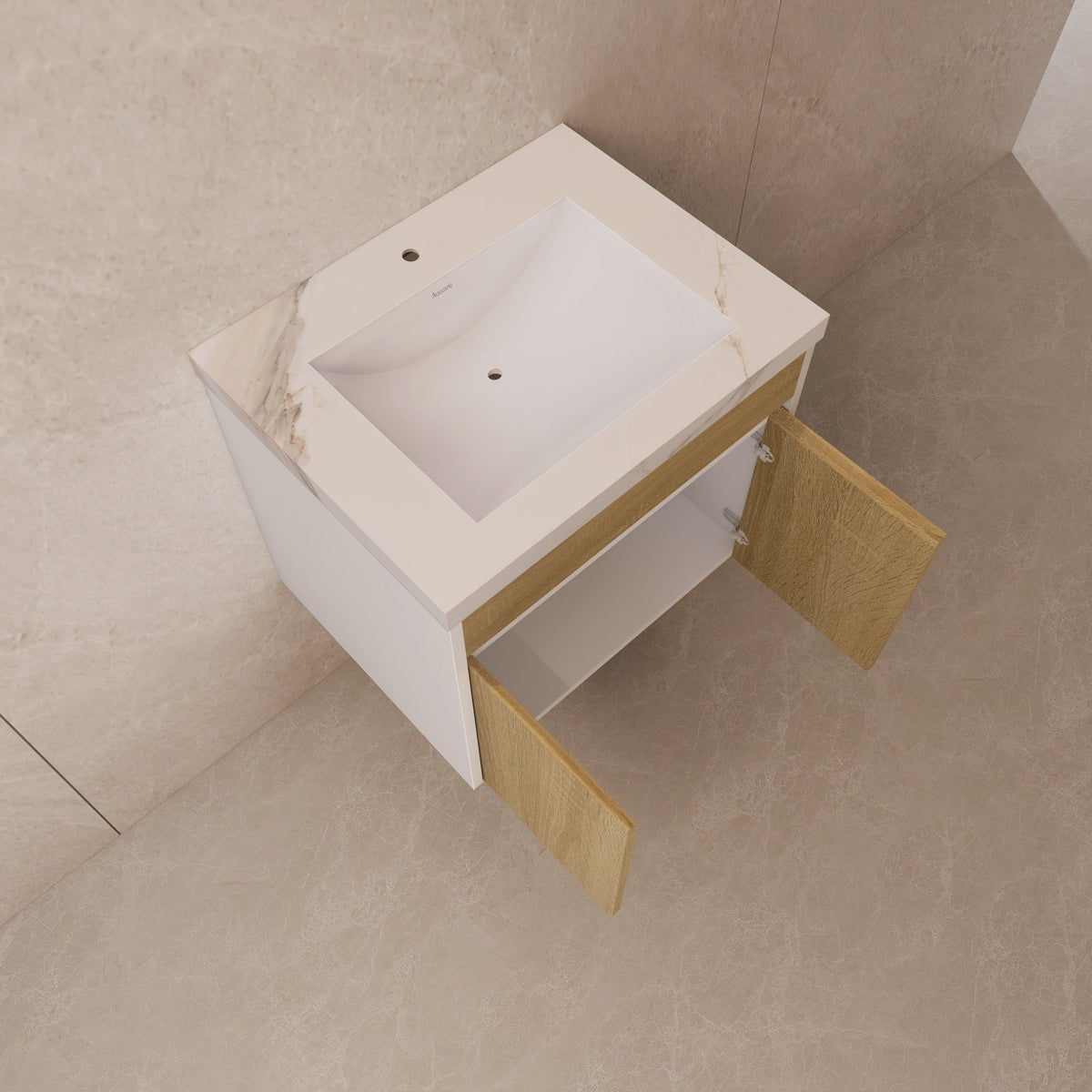 24" Floating Bathroom Vanity — Sintered Stone Top with Seamless Ceramic Sink, Oak & White -Vanity