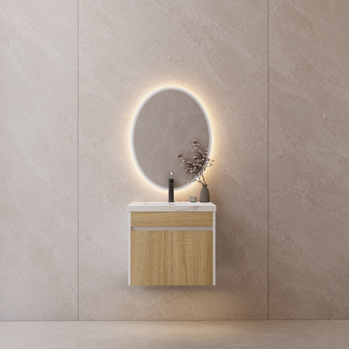 24" Floating Bathroom Vanity — Sintered Stone Top with Seamless Ceramic Sink, Oak & White -Vanity