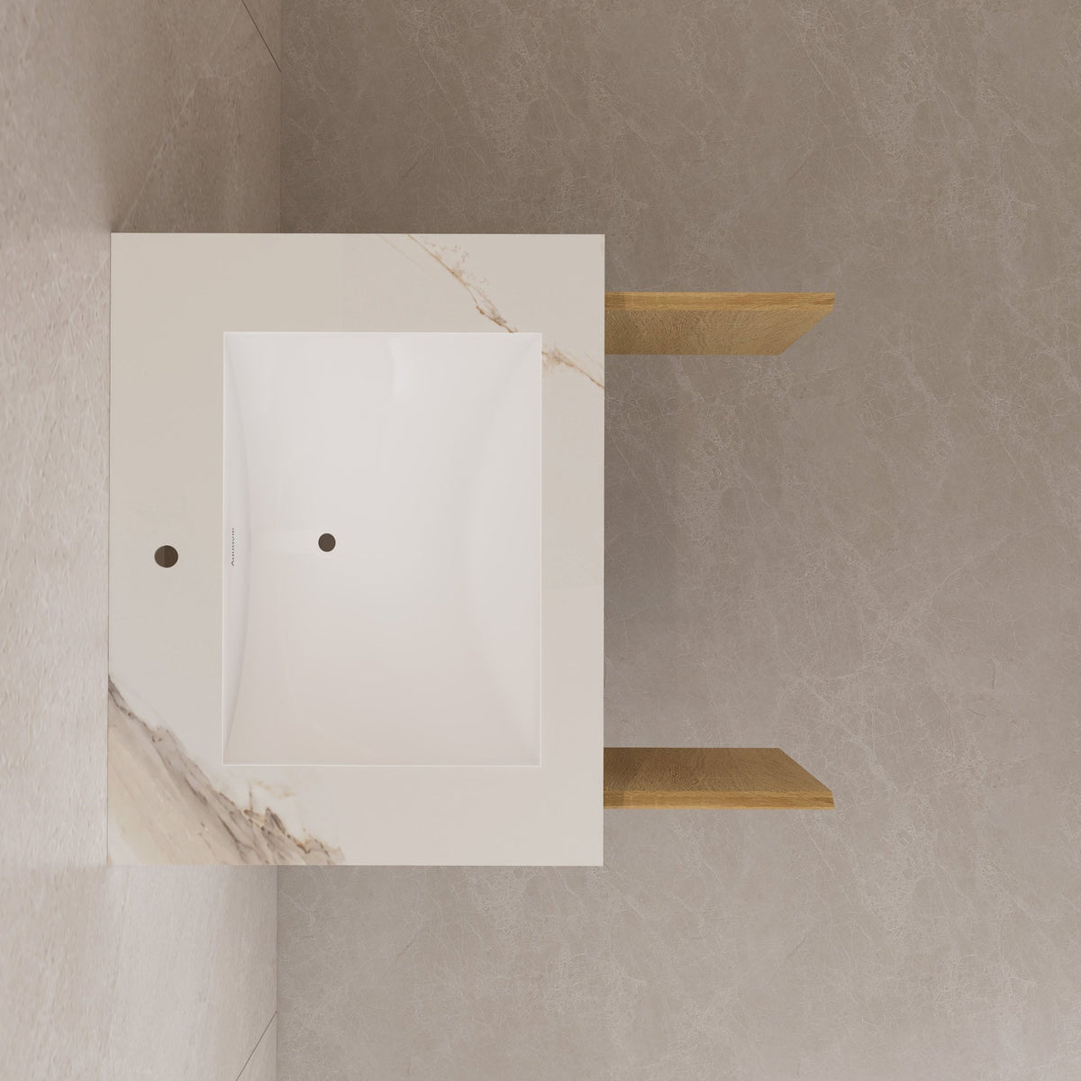 24" Floating Bathroom Vanity — Sintered Stone Top with Seamless Ceramic Sink, Oak & White -Vanity