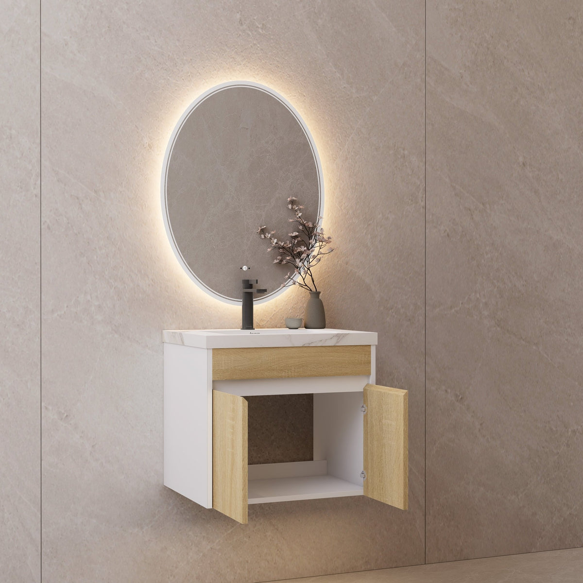 24" Floating Bathroom Vanity — Sintered Stone Top with Seamless Ceramic Sink, Oak & White -Vanity