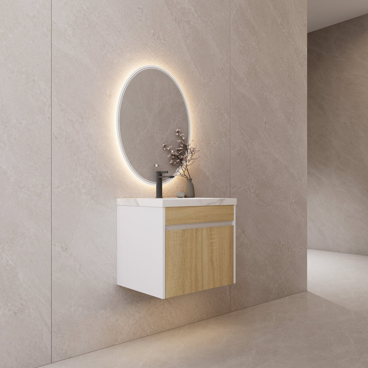 24" Floating Bathroom Vanity — Sintered Stone Top with Seamless Ceramic Sink, Oak & White -Vanity