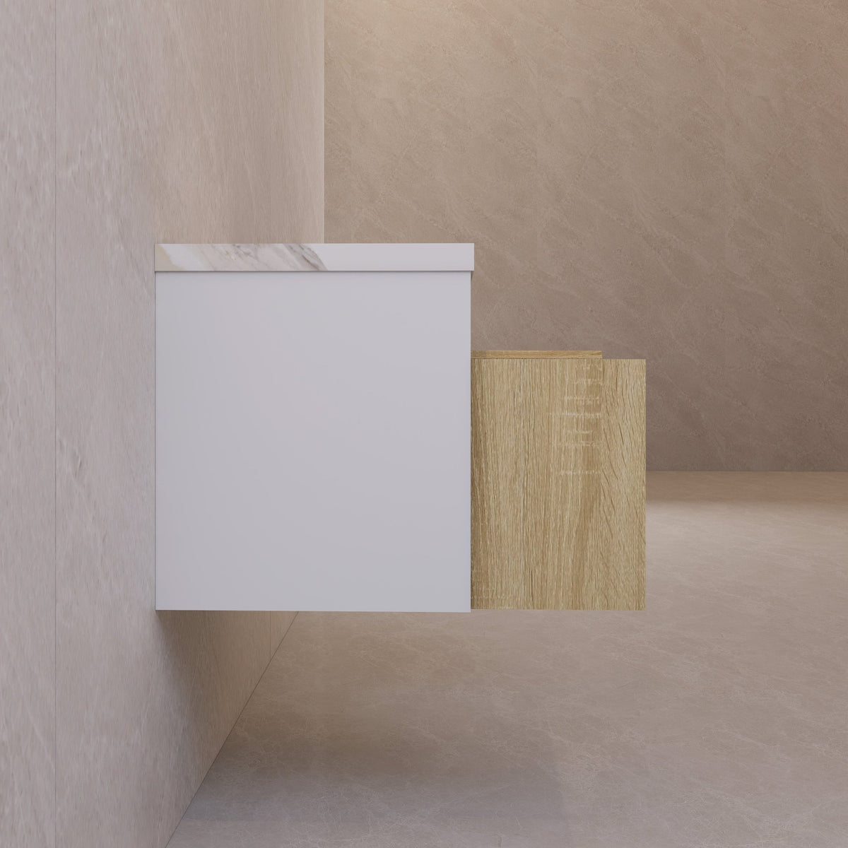 24" Floating Bathroom Vanity — Sintered Stone Top with Seamless Ceramic Sink, Oak & White -Vanity