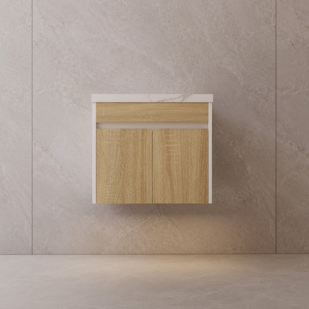 24" Floating Bathroom Vanity — Sintered Stone Top with Seamless Ceramic Sink, Oak & White -Vanity