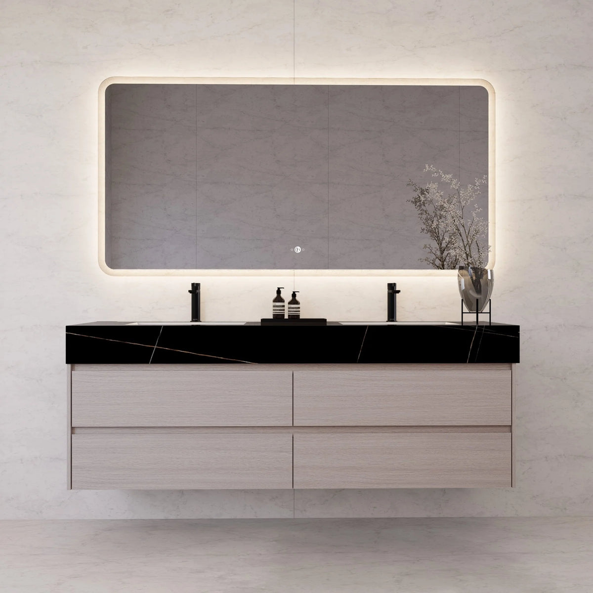 71"，60" Walnut Double Sink Sintered Stone Top with Elegant Floating Bathroom Vanity