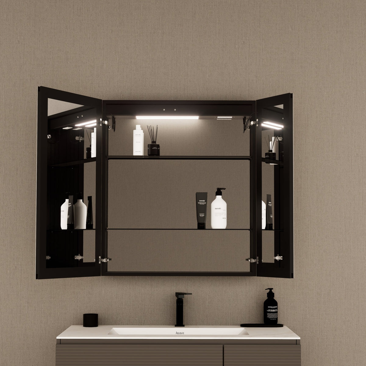 28" Aluminum LED Medicine Cabinet with BLUM Hinges, Interior Lighting & Glass Shelves -Medicine CabinetLeft-Wide