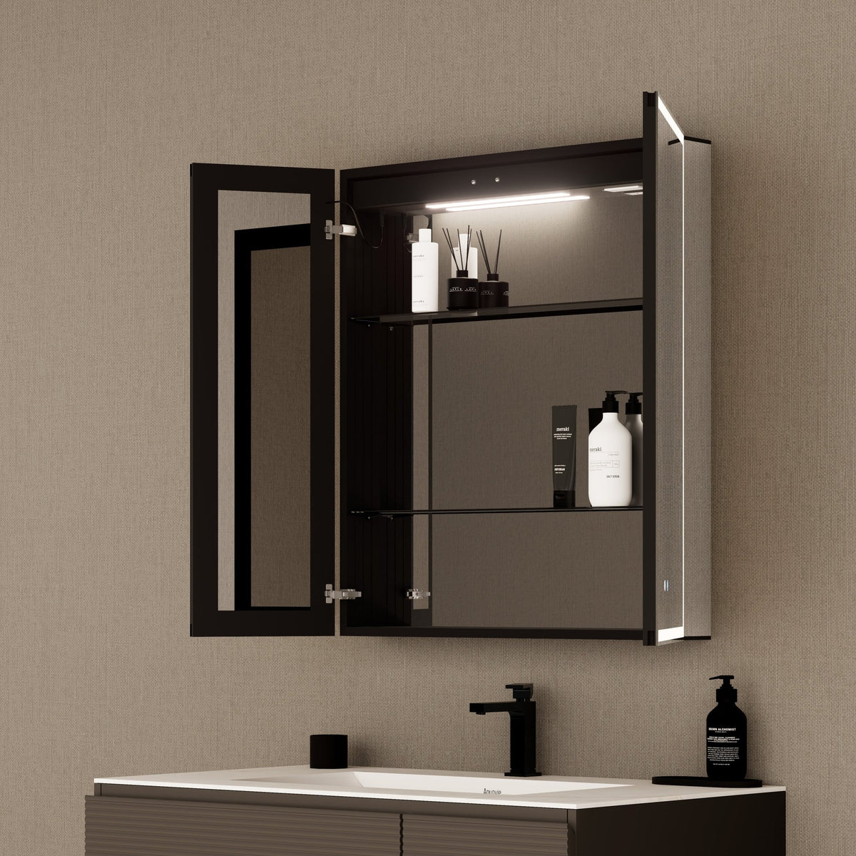 28" Aluminum LED Medicine Cabinet with BLUM Hinges, Interior Lighting & Glass Shelves -Medicine CabinetRight-Wide