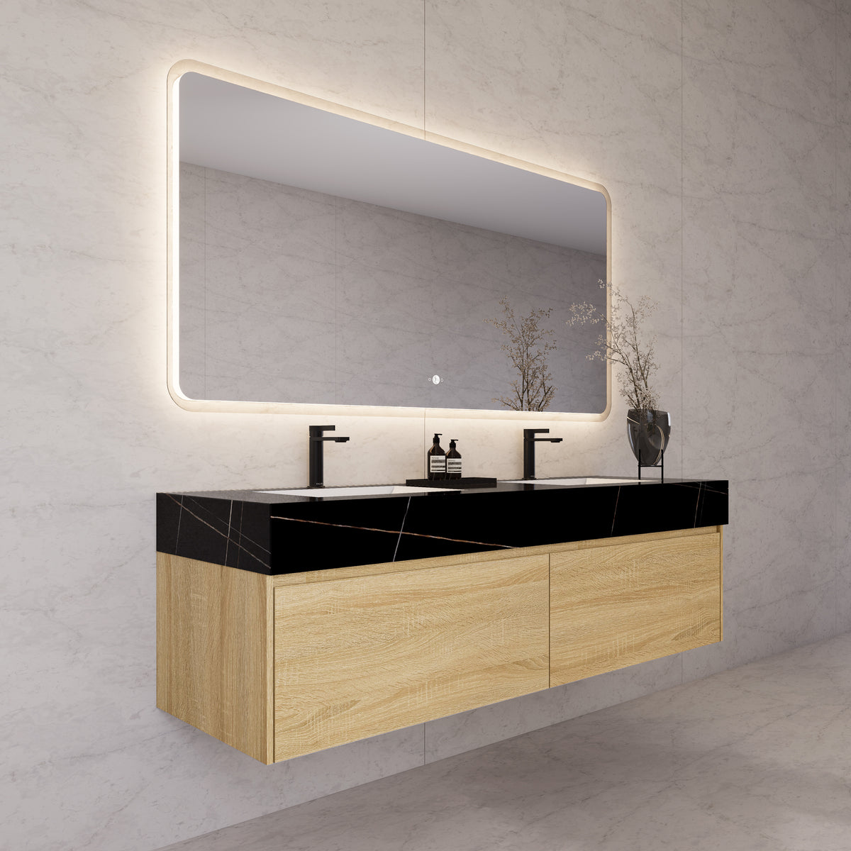 Tocador de baño flotante individual con cubierta de piedra de 60" / 71" de doble lavabo