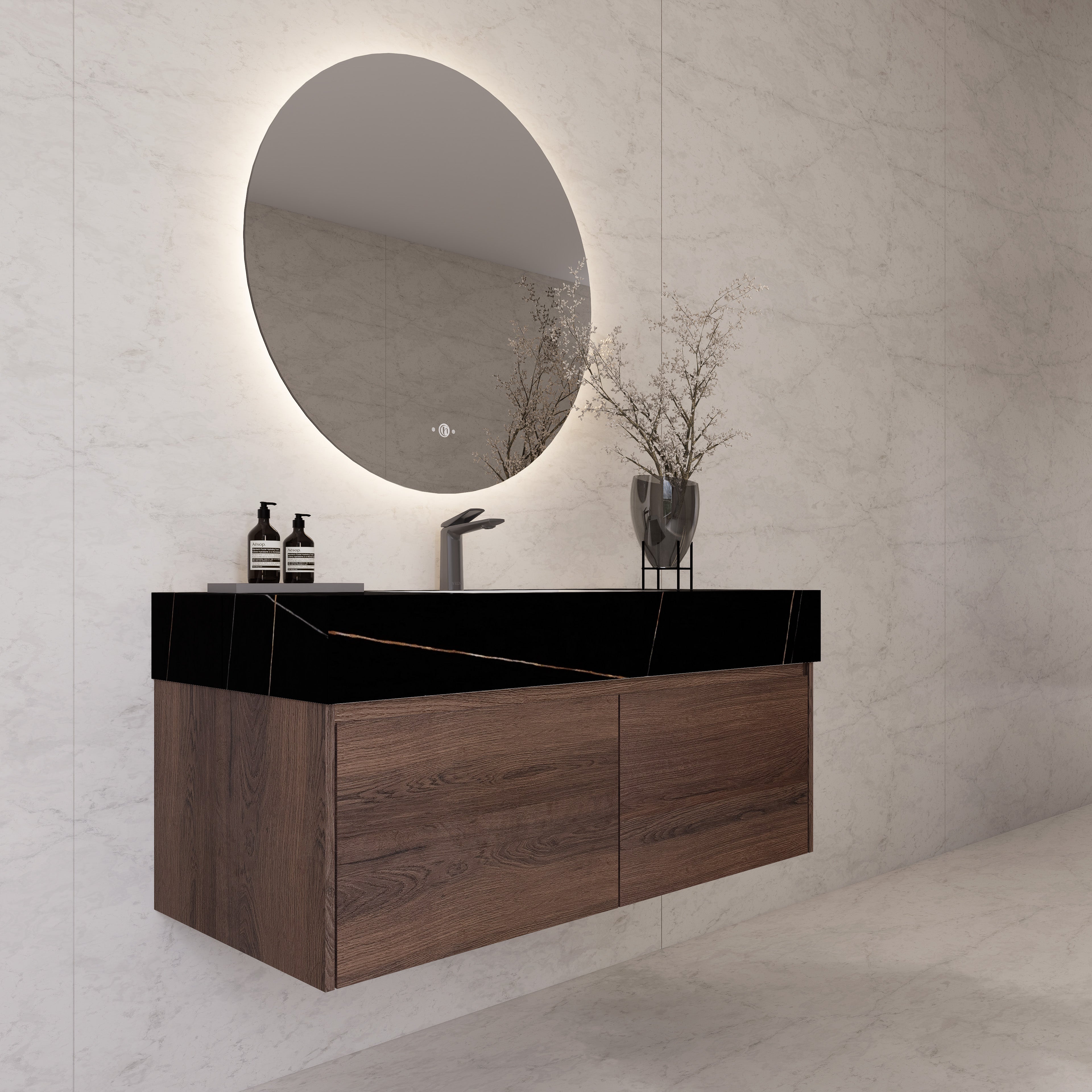 48", 60" Walnut Sintered Stone Top with Double Drawer Floating Bathroom Vanity