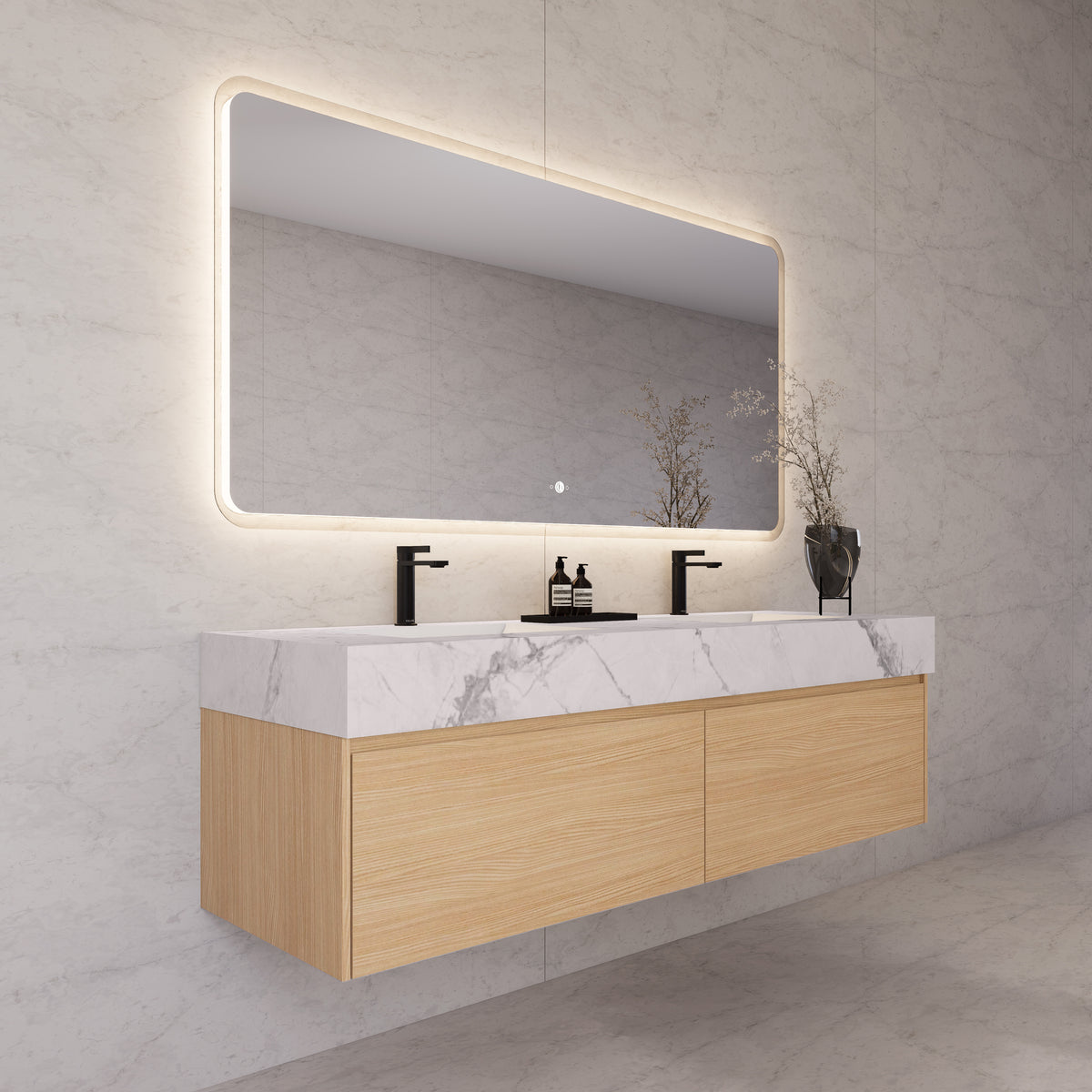 Meuble-lavabo flottant simple de 60 po / 71 po avec dessus en pierre et vasque double