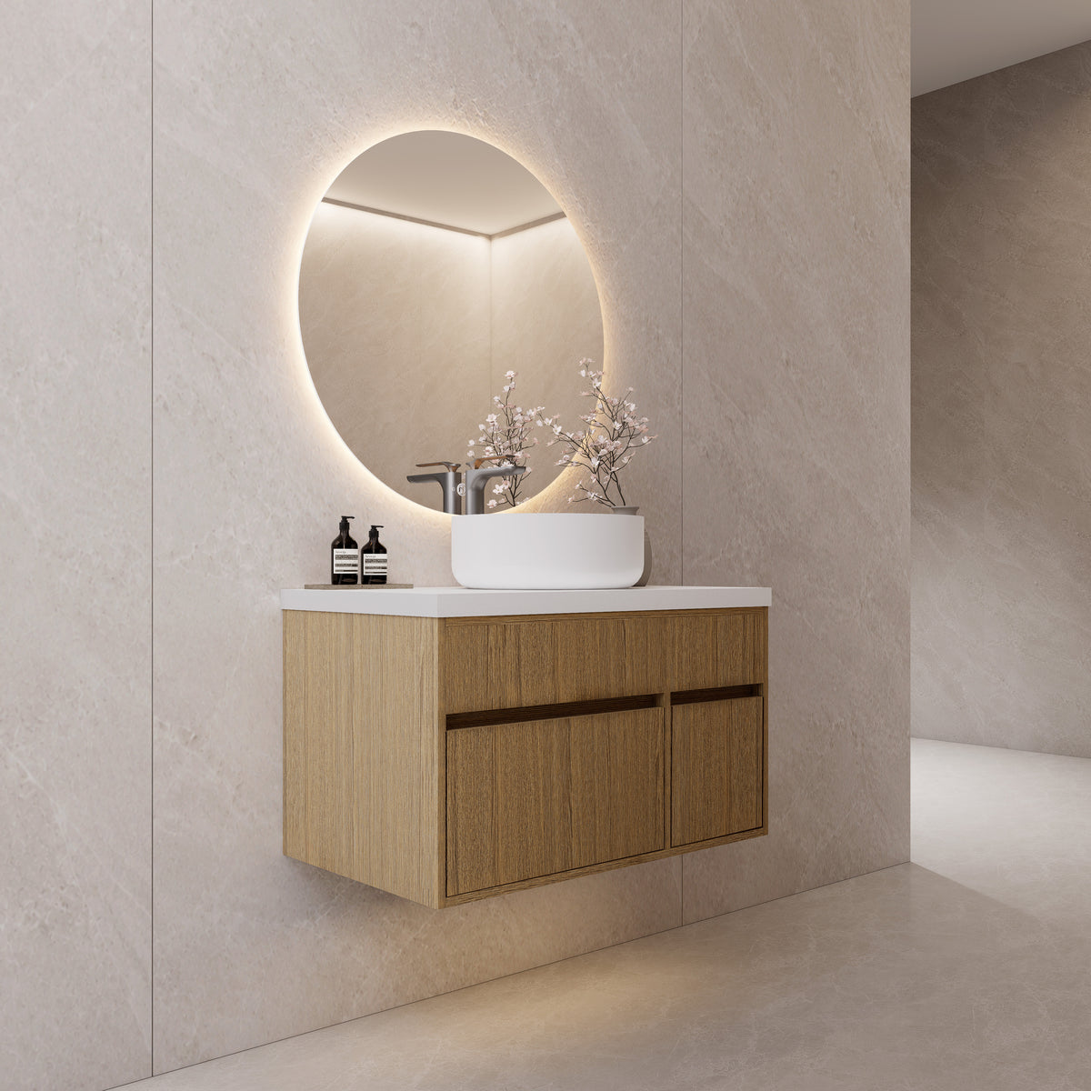 Floating Vessel Sink Vanity — Natural Oak Cabinet with Sintered Stone Top, Door & Drawer