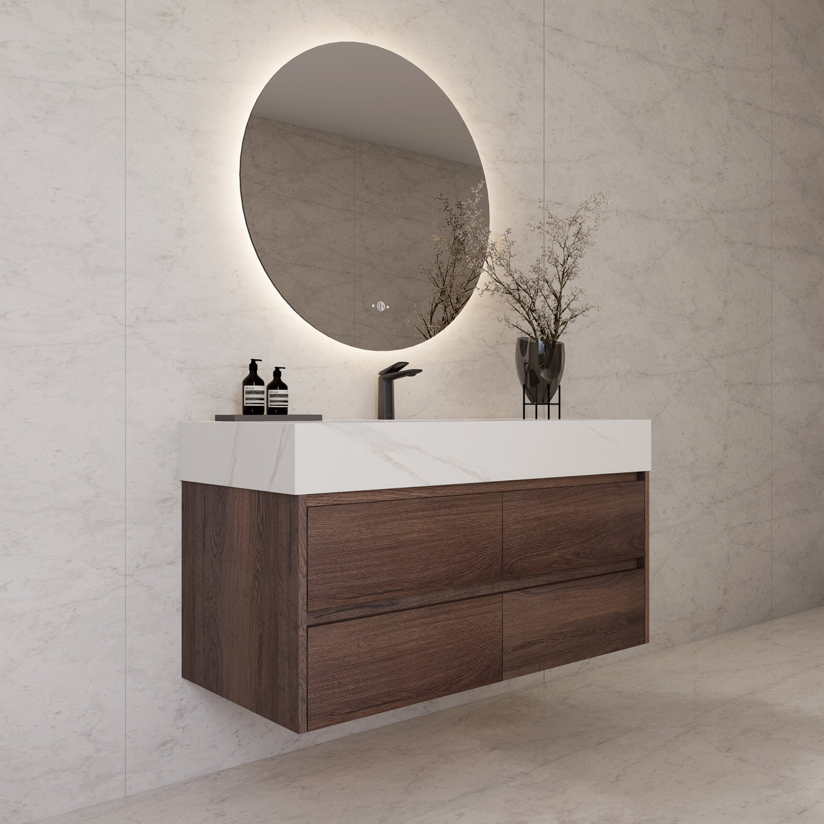 48"，60" Walnut Sintered Stone Top With Four Drawer Floating Bathroom Vanity