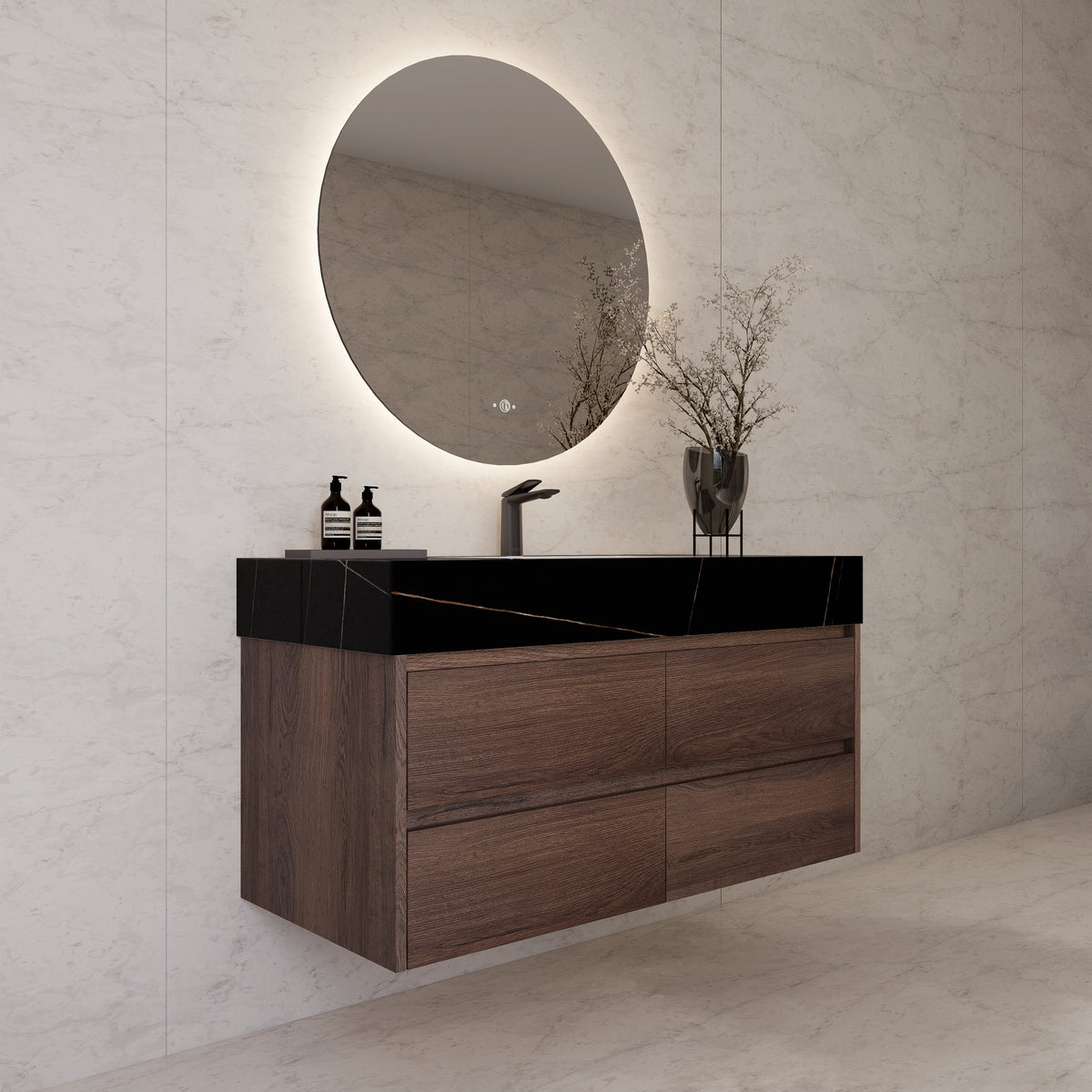 48"，60" Walnut Sintered Stone Top With Four Drawer Floating Bathroom Vanity