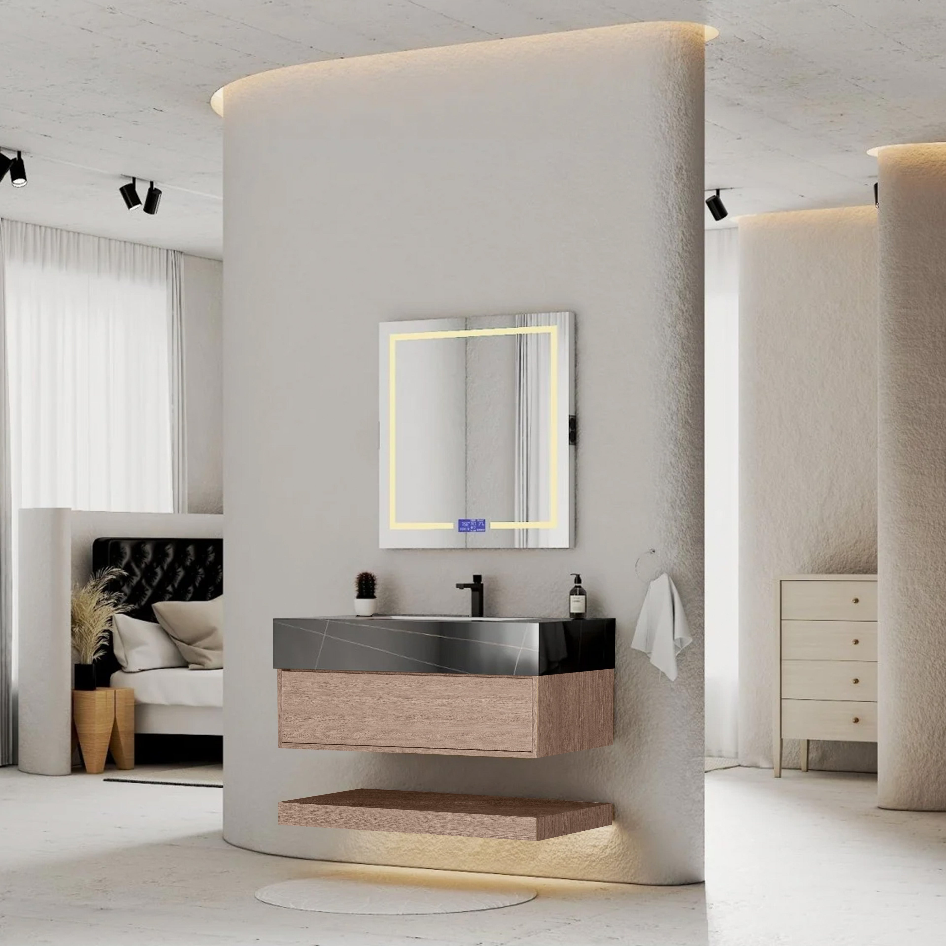 32", 36", 40" Smoked Oak Hotel-Style Floating Bathroom Vanity With Sintered Stone Top
