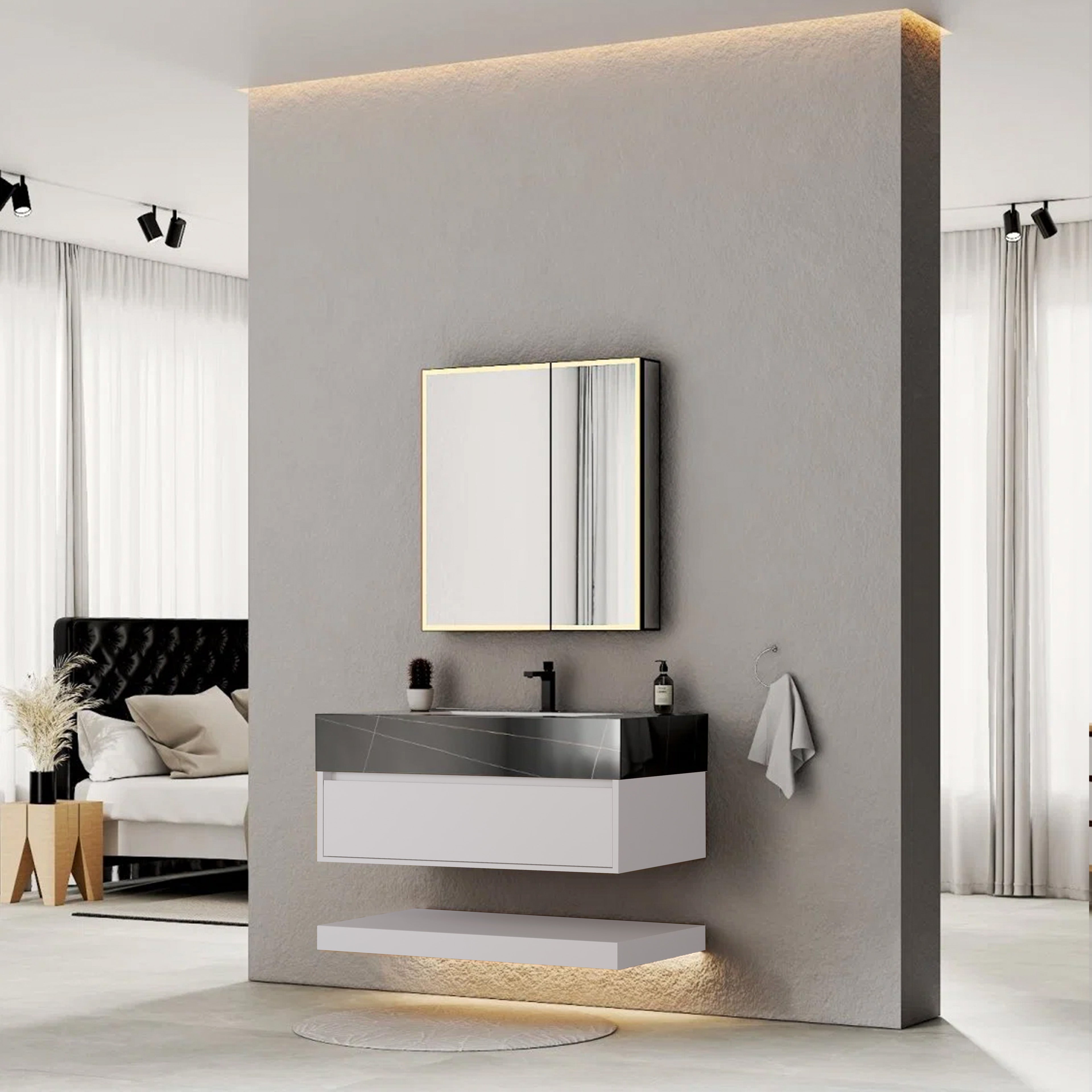 32" White Sintered Stone Top with Hotel-Style Floating Bathroom Vanity