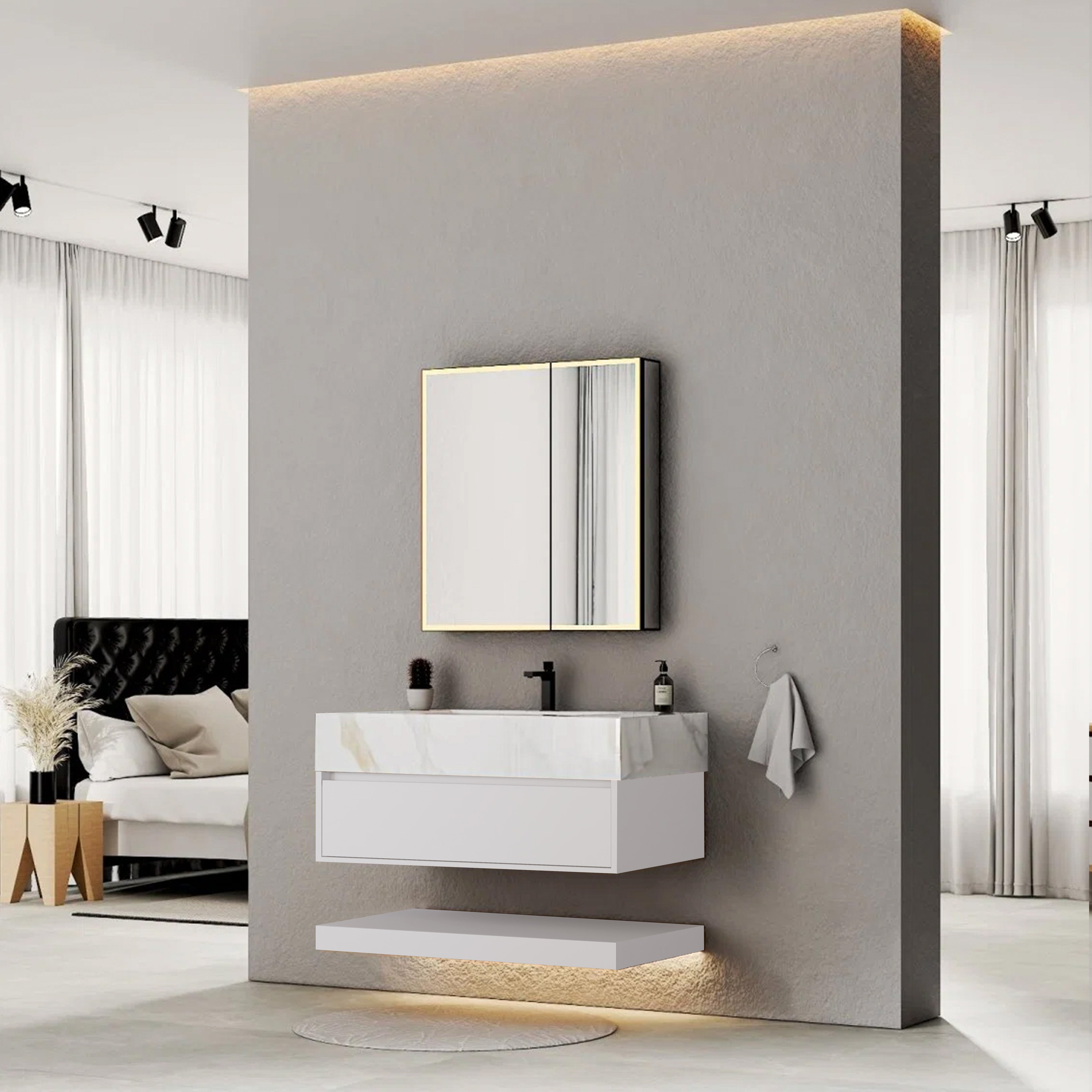 32" White Sintered Stone Top with Hotel-Style Floating Bathroom Vanity