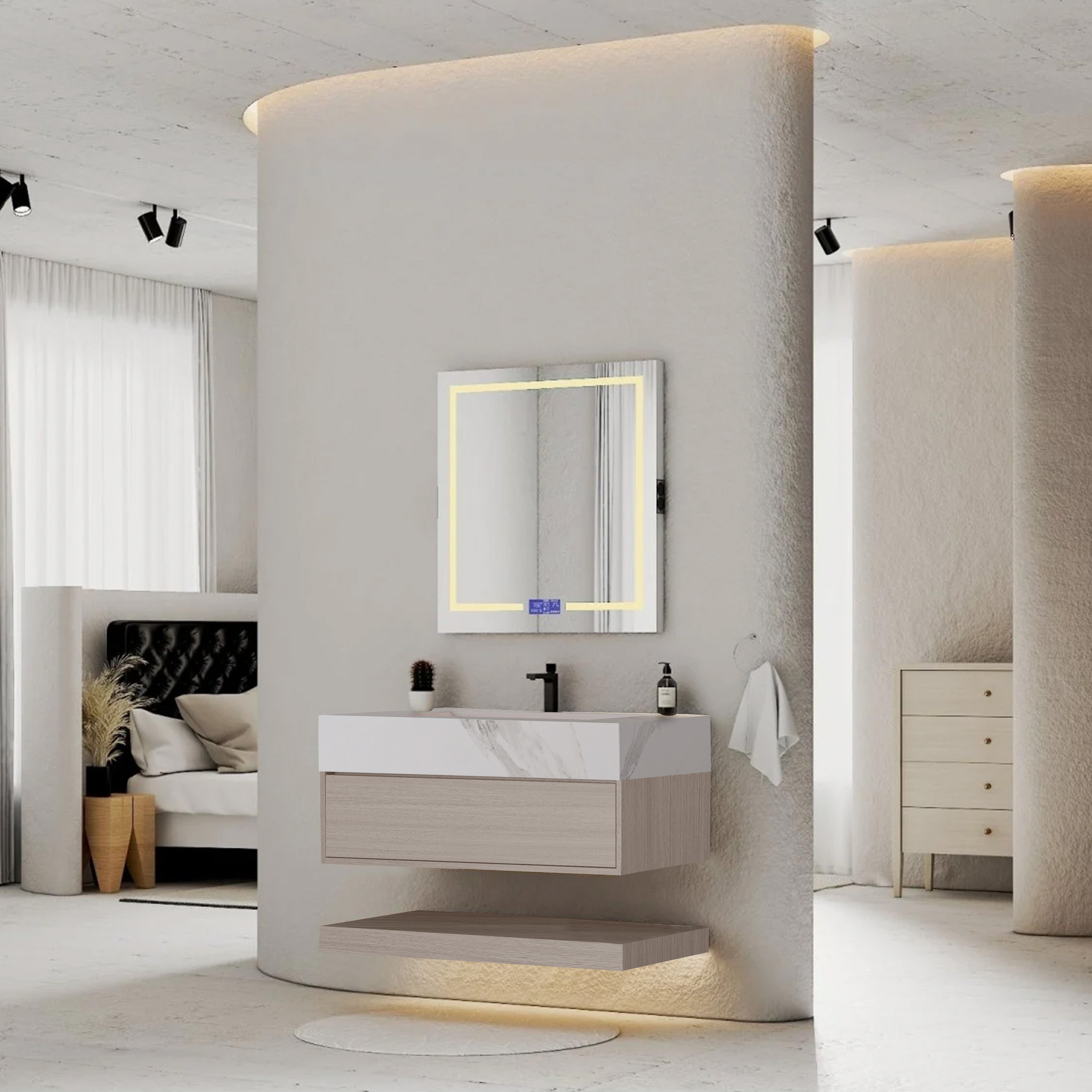 32", 36", 40" White Grey Oak Hotel-Style Floating Bathroom Vanity With Sintered Stone Top with