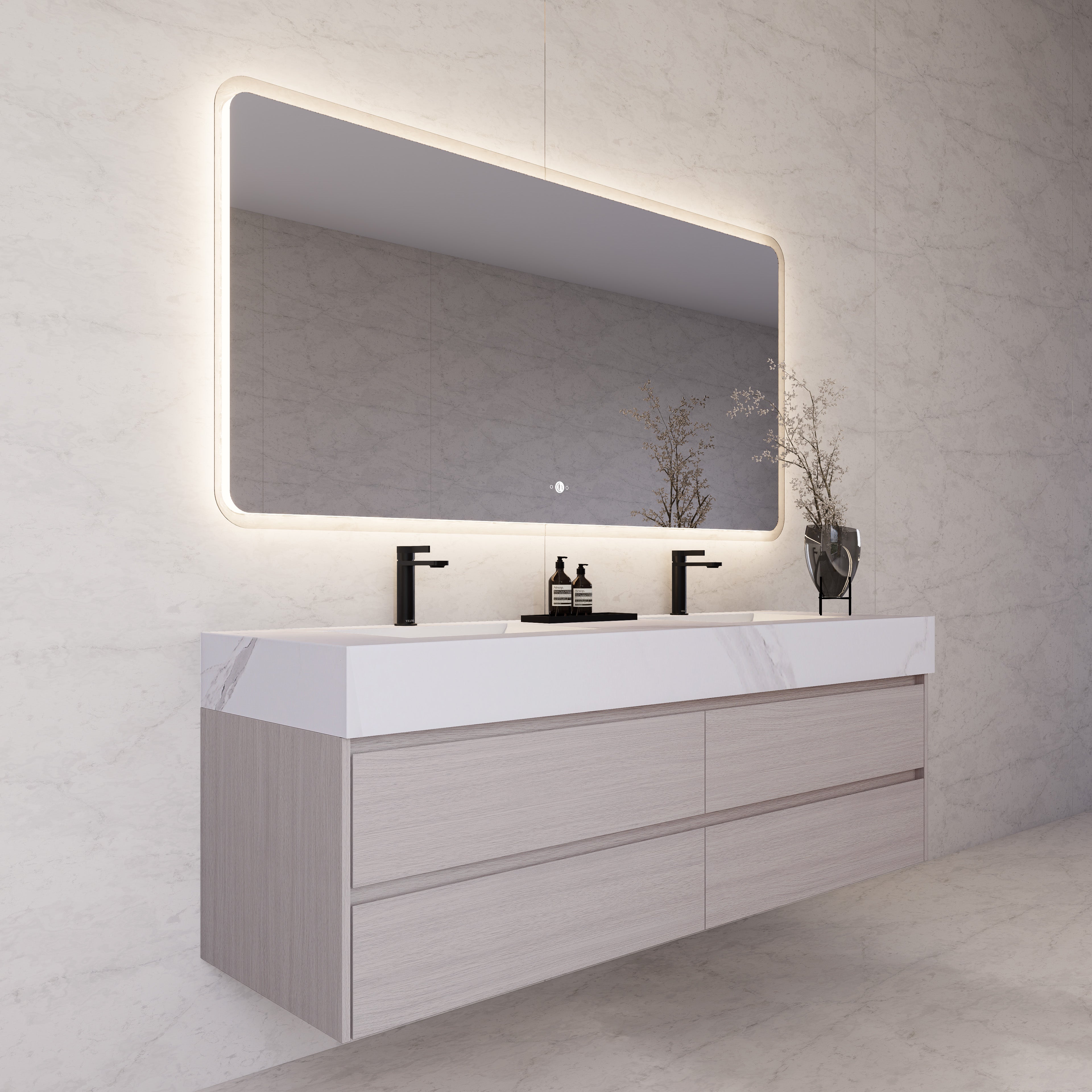 71"，60" White Grey Oak Double Sink Sintered Stone Top with Floating Bathroom Vanity