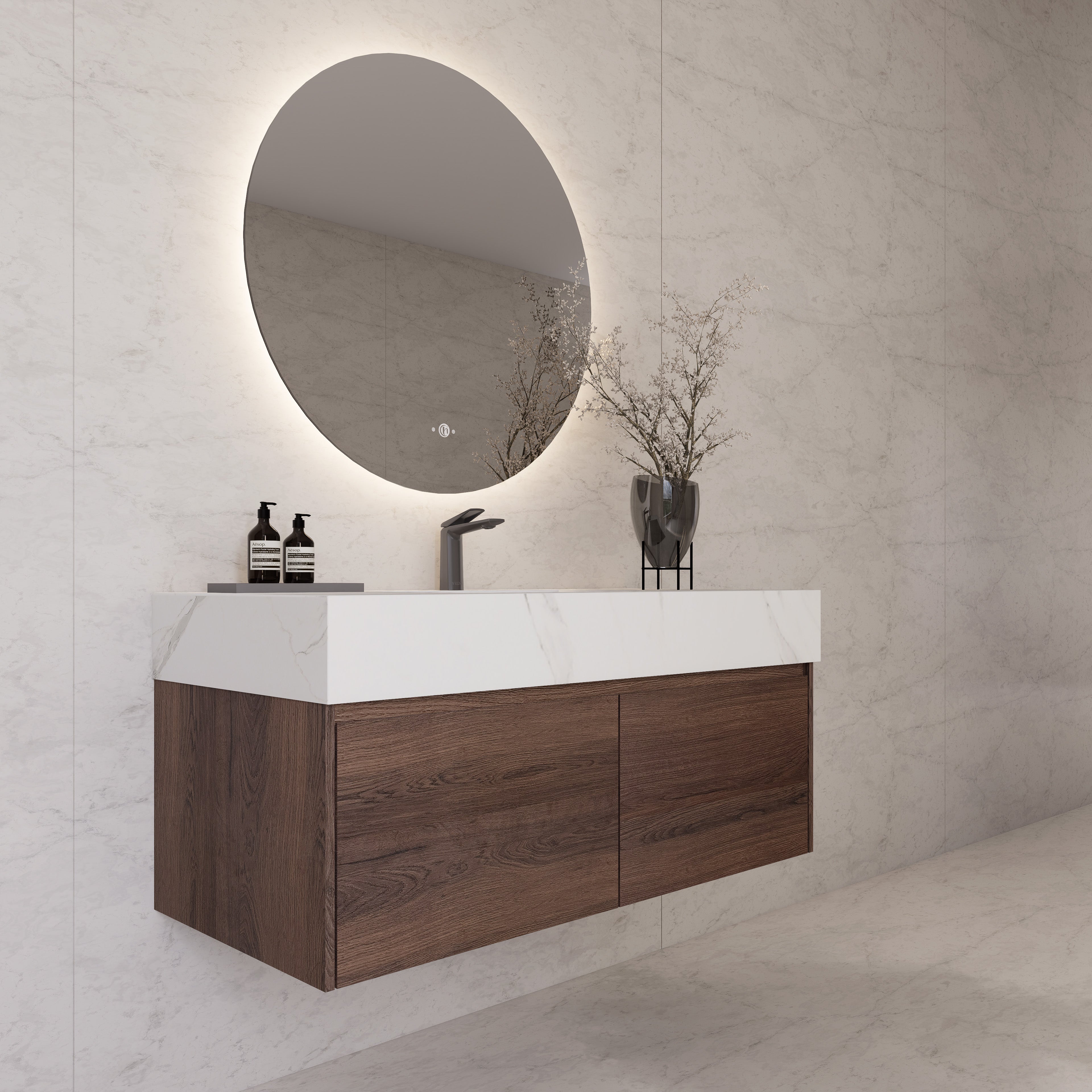 48", 60" Walnut Sintered Stone Top with Double Drawer Floating Bathroom Vanity