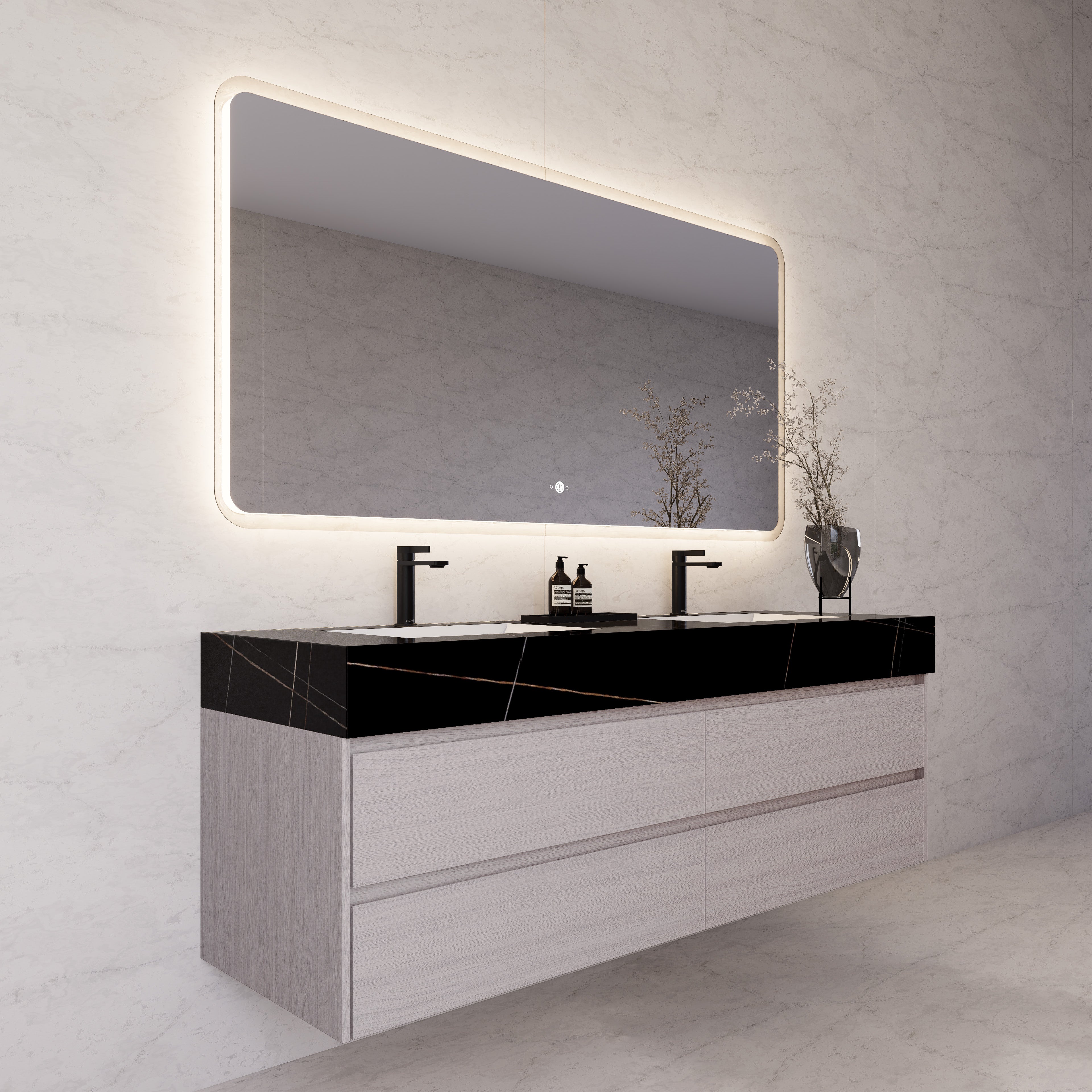 71"，60" White Grey Oak Double Sink Sintered Stone Top with Floating Bathroom Vanity