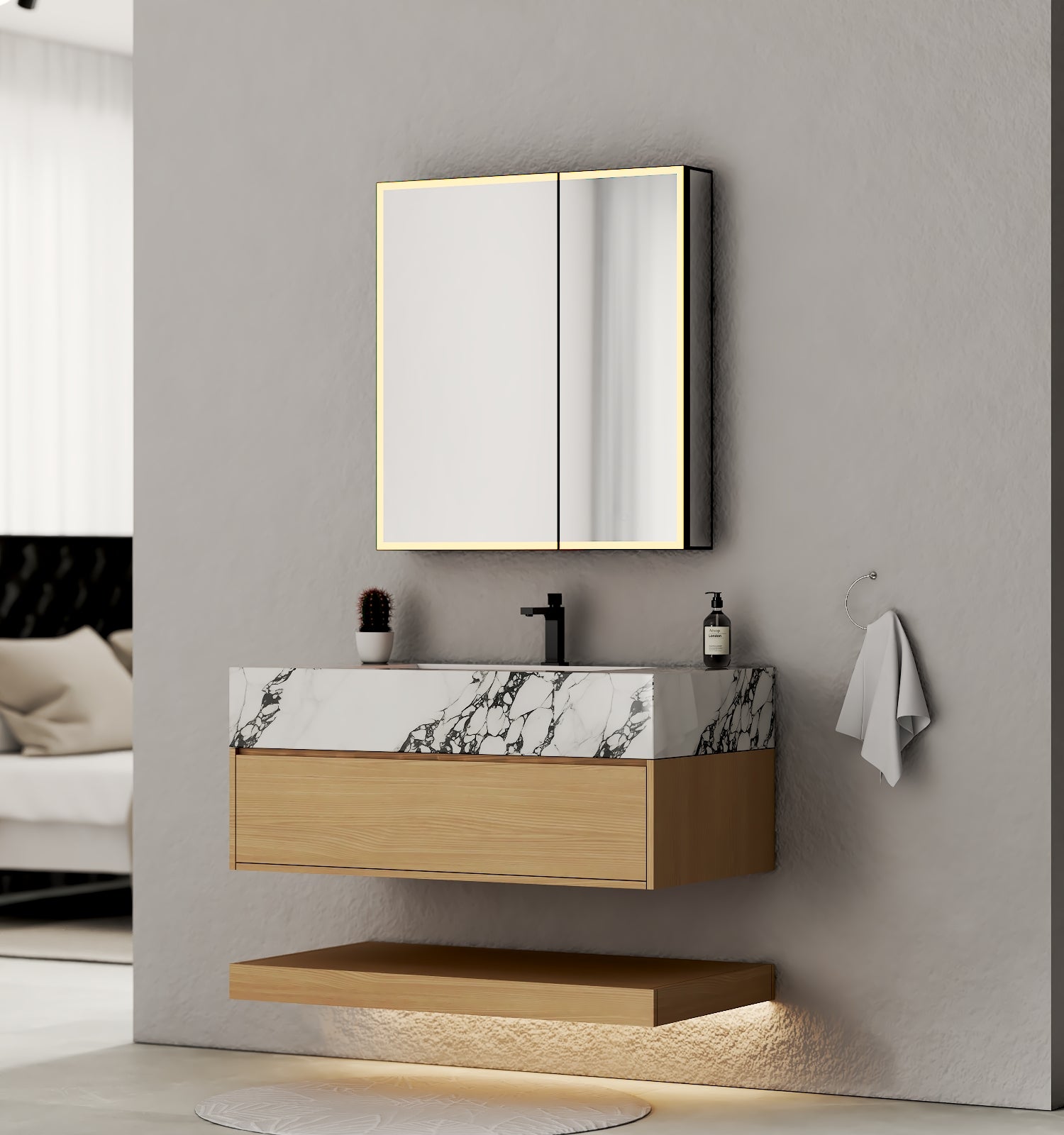 32", 36", 40" Nature Oak Hotel-Style Floating Bathroom Vanity With Sintered Stone Top