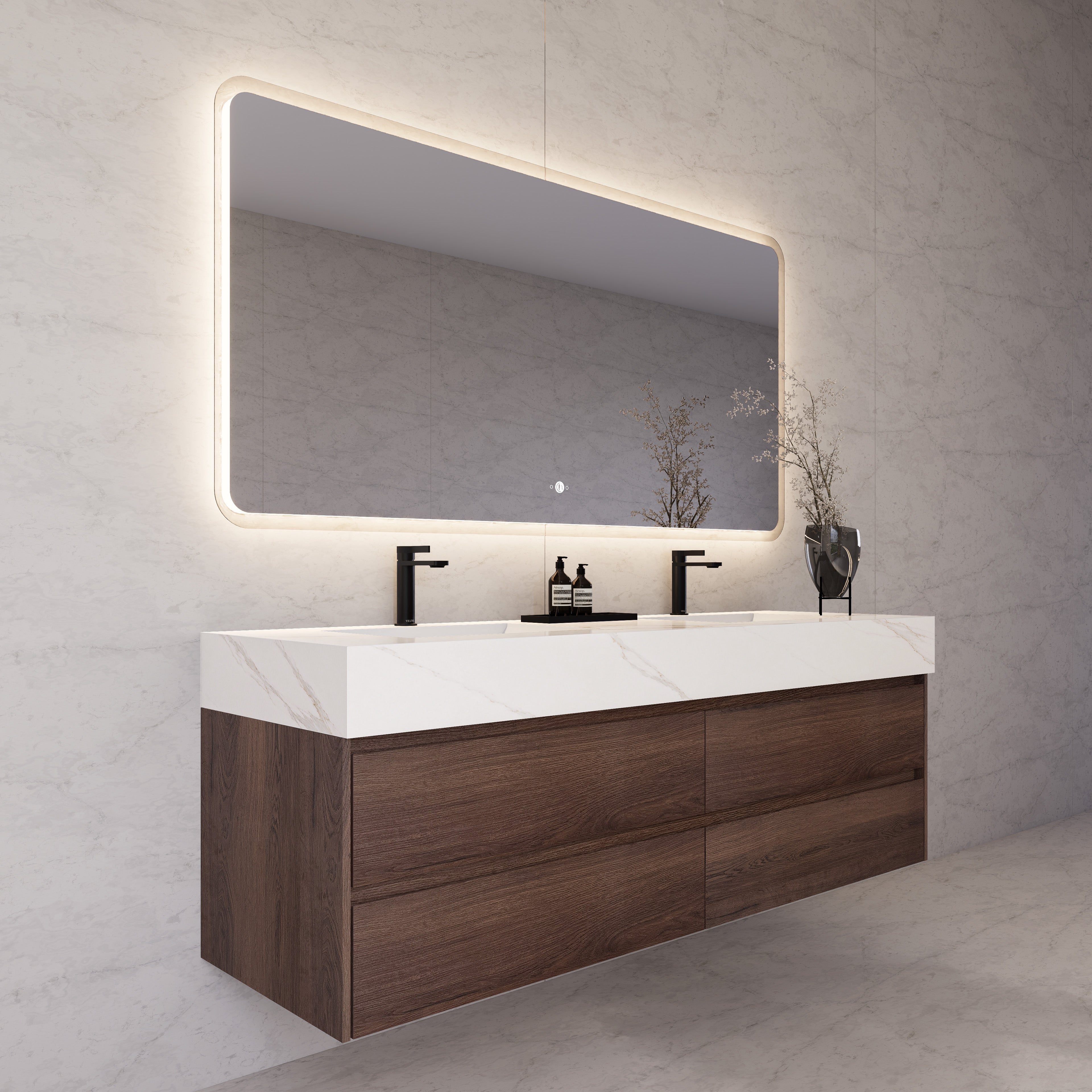 71"，60" Walnut Double Sink Sintered Stone Top with Elegant Floating Bathroom Vanity