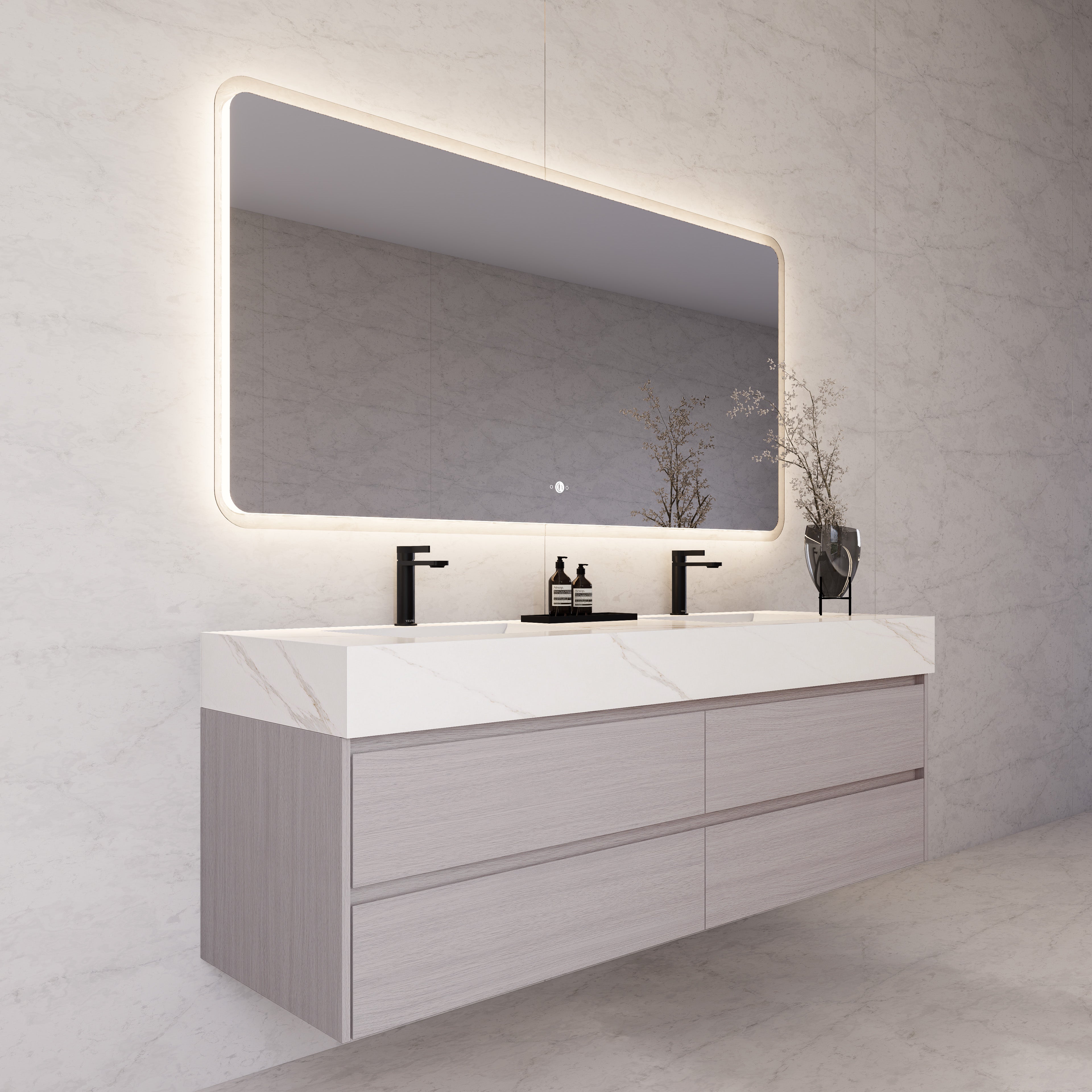 71"，60" White Grey Oak Double Sink Sintered Stone Top with Floating Bathroom Vanity