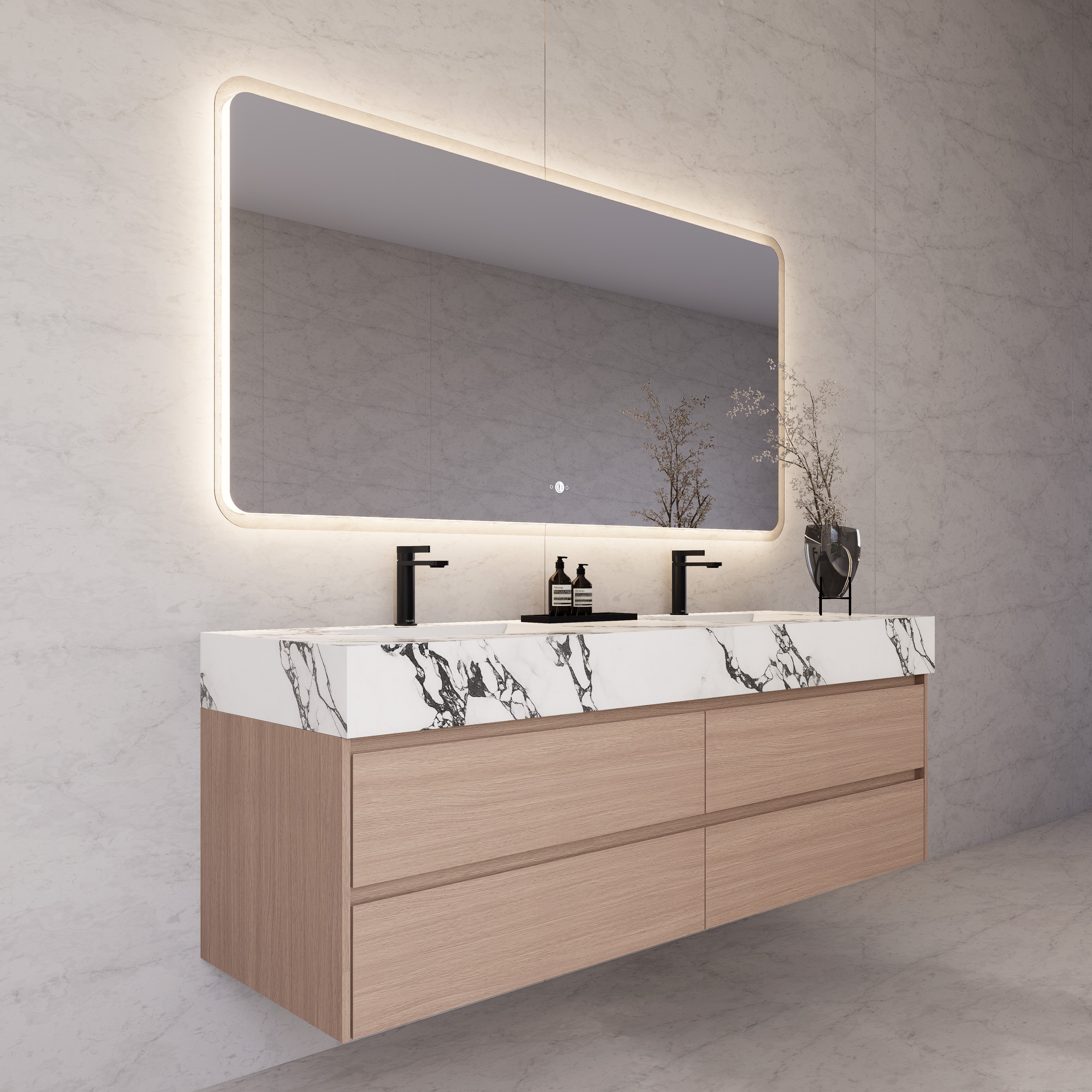 71"，60" Smoked Oak Double Sink Sintered Stone Top with Floating Bathroom Vanity